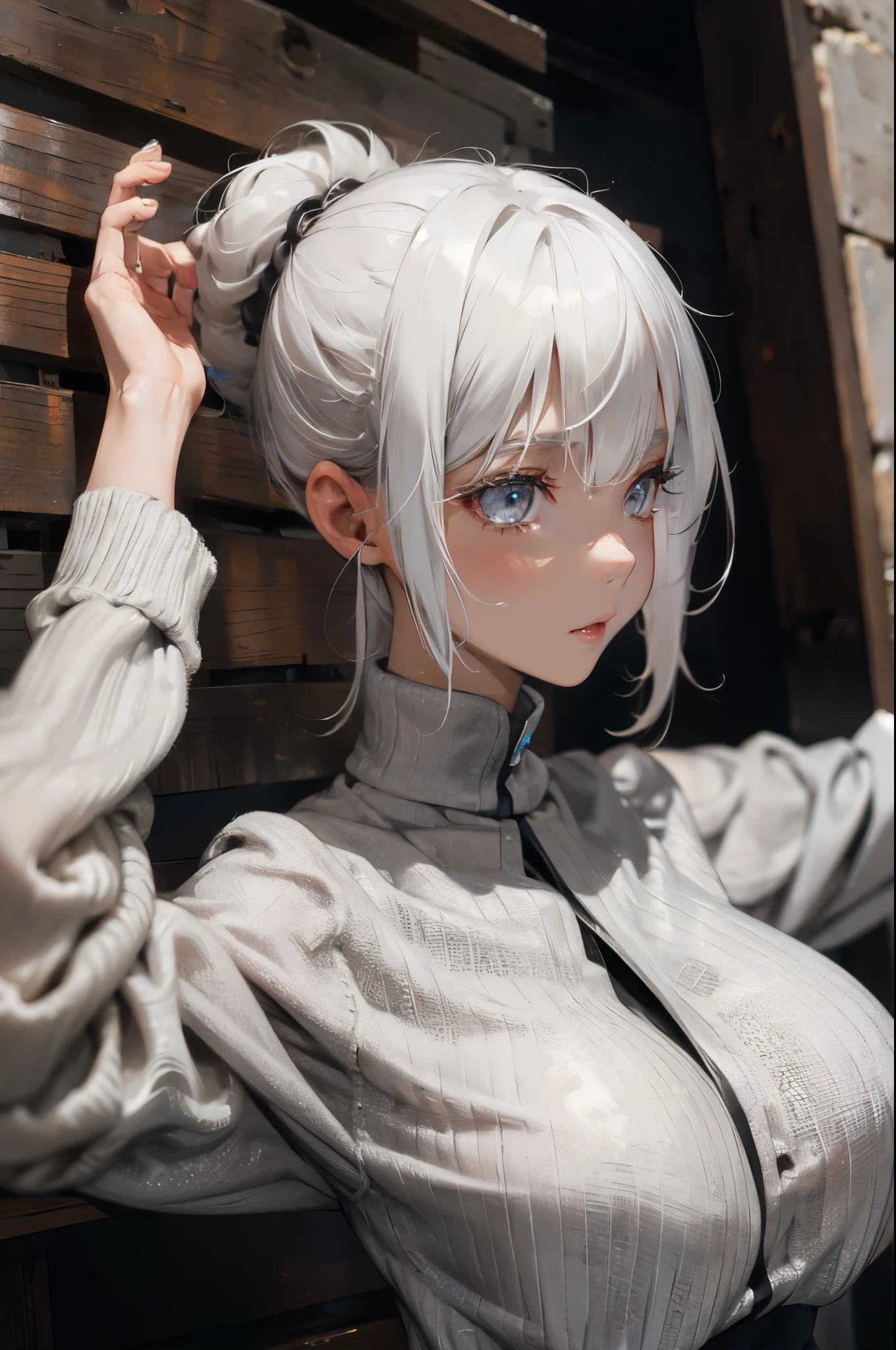 White hair, gray eyes, close up,((huge breasts)),Grooves reveal original skin
