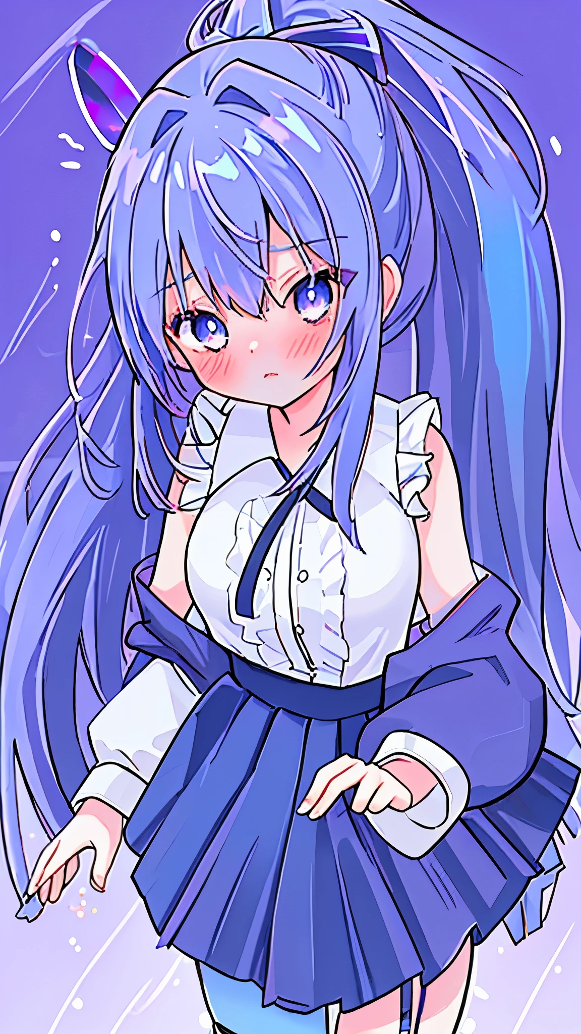 1 Girl, High ponytail hair, blue hair, (lite purple  inner hair:1.2), hair between eyes, blushing, grabbing red flowers, tight, pleated skirt, white stocking, blue ocean eyes, close mouth, sexy, mid-breast, masturbating, 