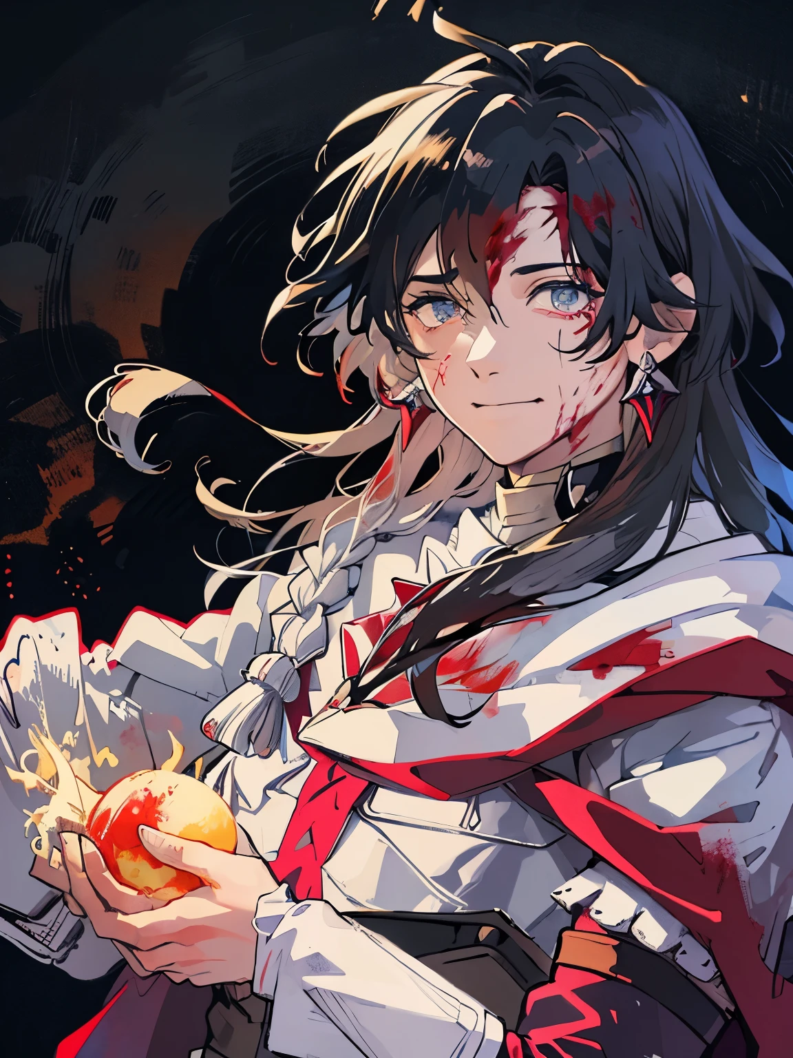 narrowed eyes、dark background、murderous face、bloody、Crazy、watercolor painting、wizard、magic effect、detailed、top quality、elegant、hair flowing in the wind、I went crazy、wild、Splattering blood、blood splatter、Splatter、grotesque、