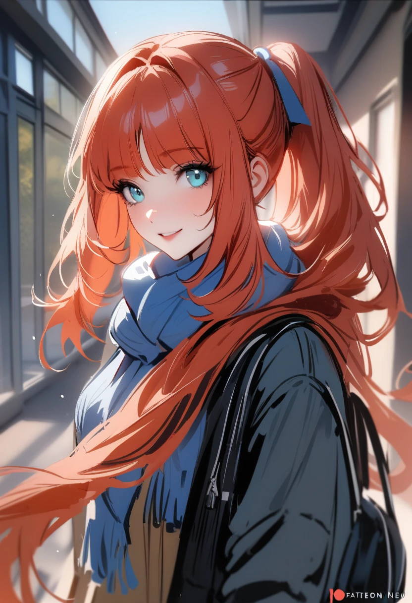 nixeu, very aesthetic, masterpiece, 1girl, full body, Nilou \(genshin impact\), red hair, twintail, jk , gal, front view, smiling happy,, long hair, ponytail, sideview, school, cute, long scarf, fashion, lustrous skin, windy