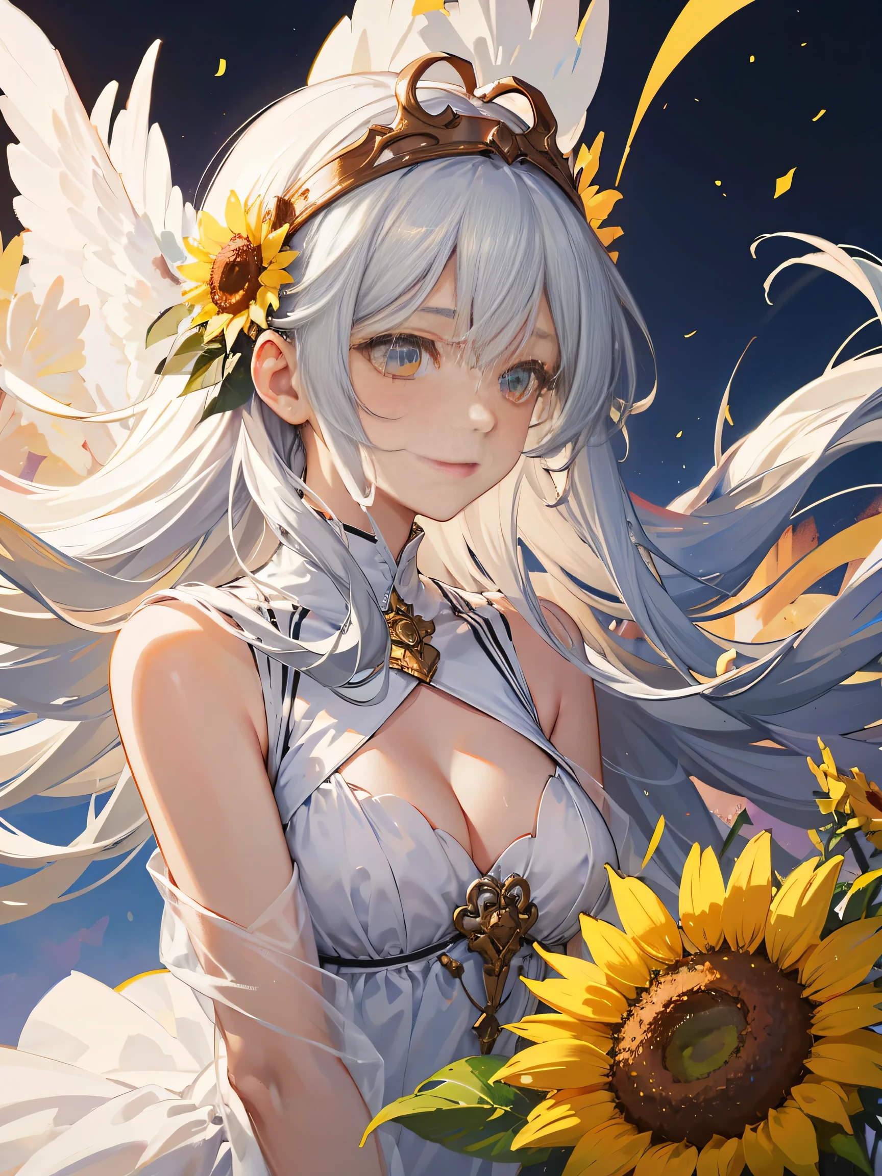 masterpiece, high quality, movie stills, a girl,silver hair,Sunflowers are worn on the head, floating in the sky, cloud girl, cloud, (Close-up cleavage: 1.1), bright, Cheerful, interesting, soft light, (Bauhaus, shape, line engineering, Abstract: 1.1), Elegant headband,golden eyes,copper glasses