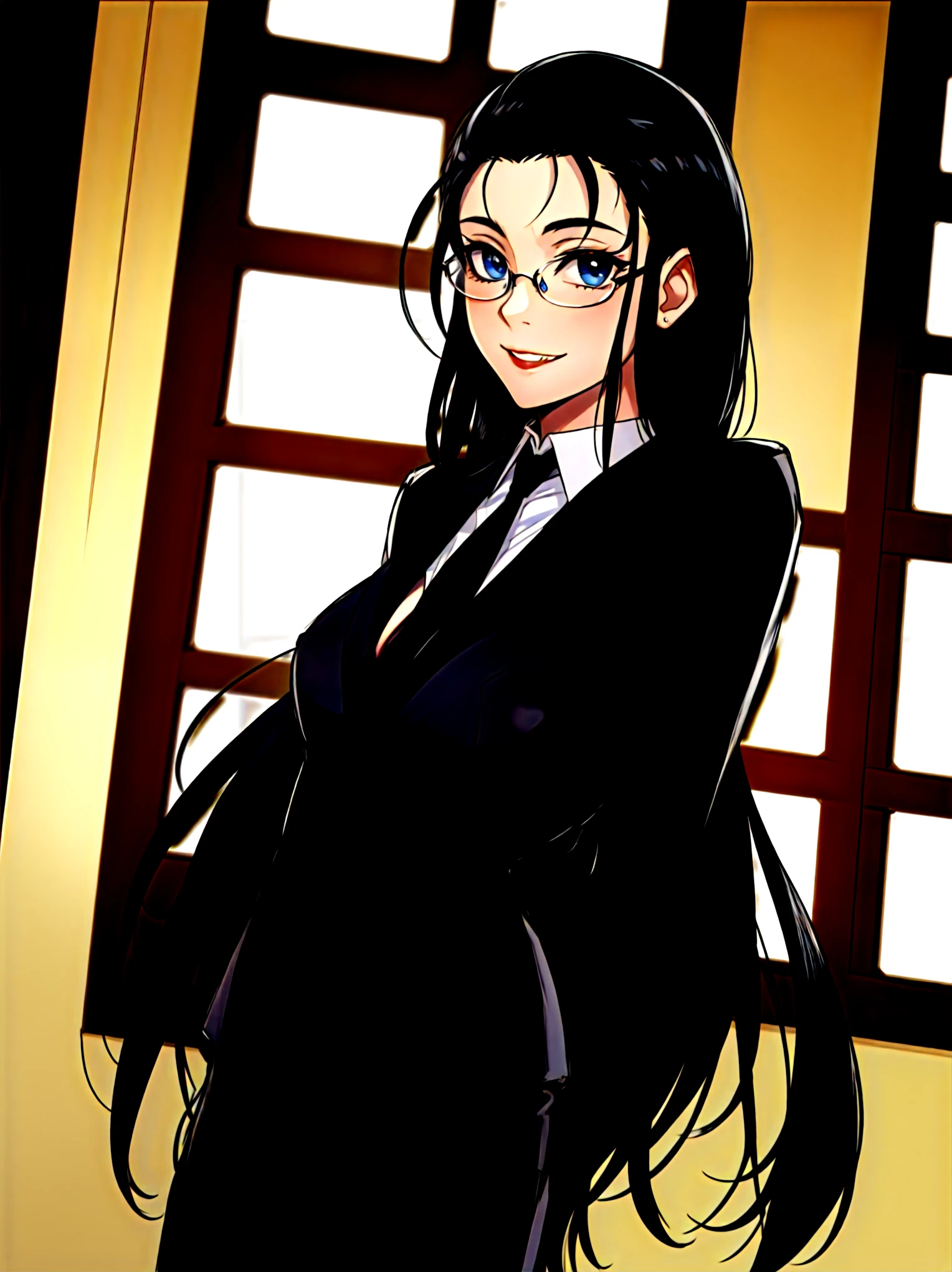 masterpiece, best quality, 1girl, solo, vanwinkle, standing,  female focus, blue eyes, messy hair, suit, glasses, necktie, big breasts, teeth, [[closed mouth]], formal, smile, simple background, pants, ((arms behind back), looking at viewer, indoors, standing, closeup,  boob window, large breasts, face focus, closeup shot, black tuxedo suit, closeup, ((upper body))