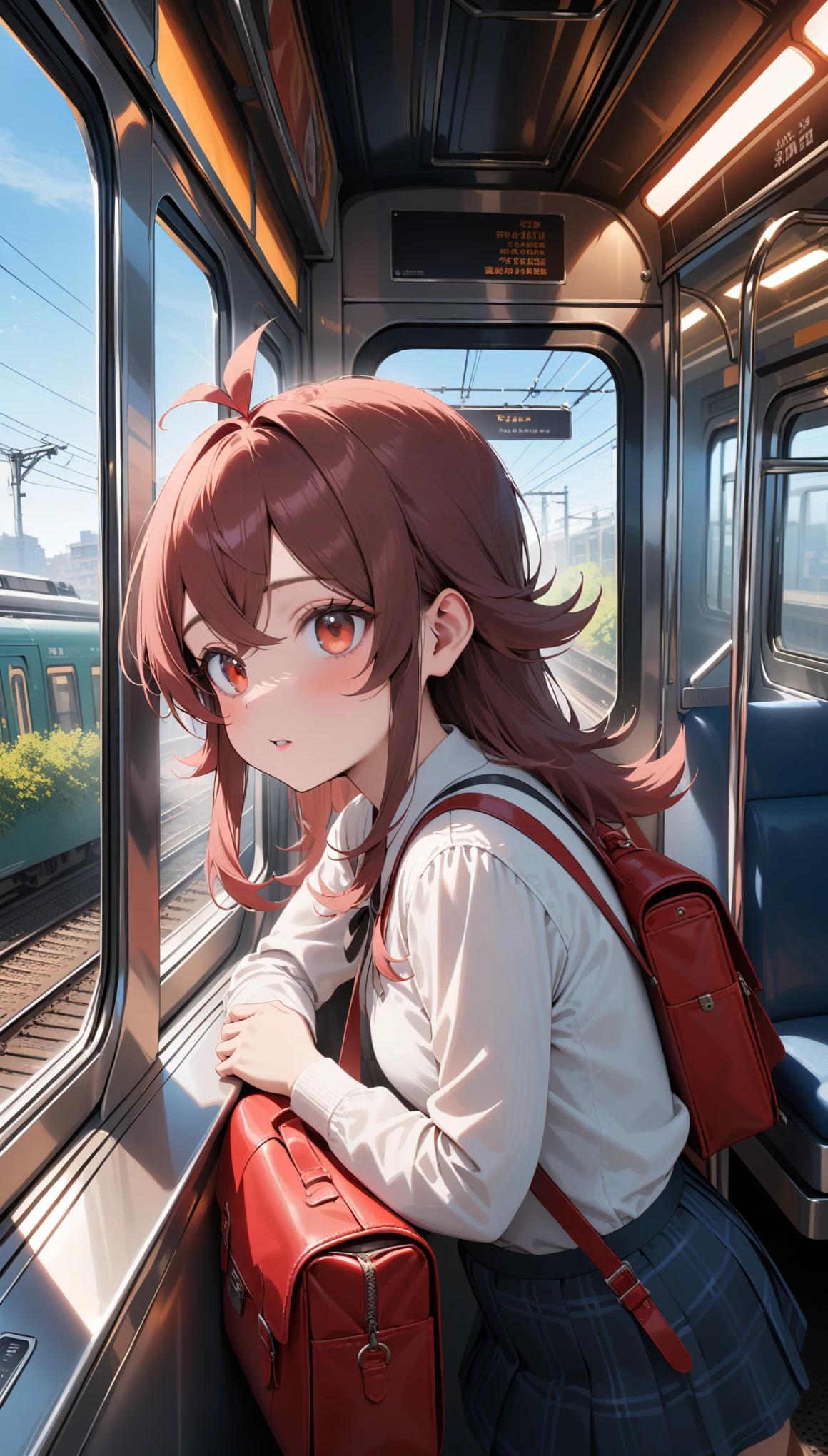 masterpiece, best quality, very aesthetic, absurdres, newest, ultra_realistic_novel_illustration, safe, 1girl, komiya kaho, pov, cute eyes, red randoseru, skirt, train_interior, from side