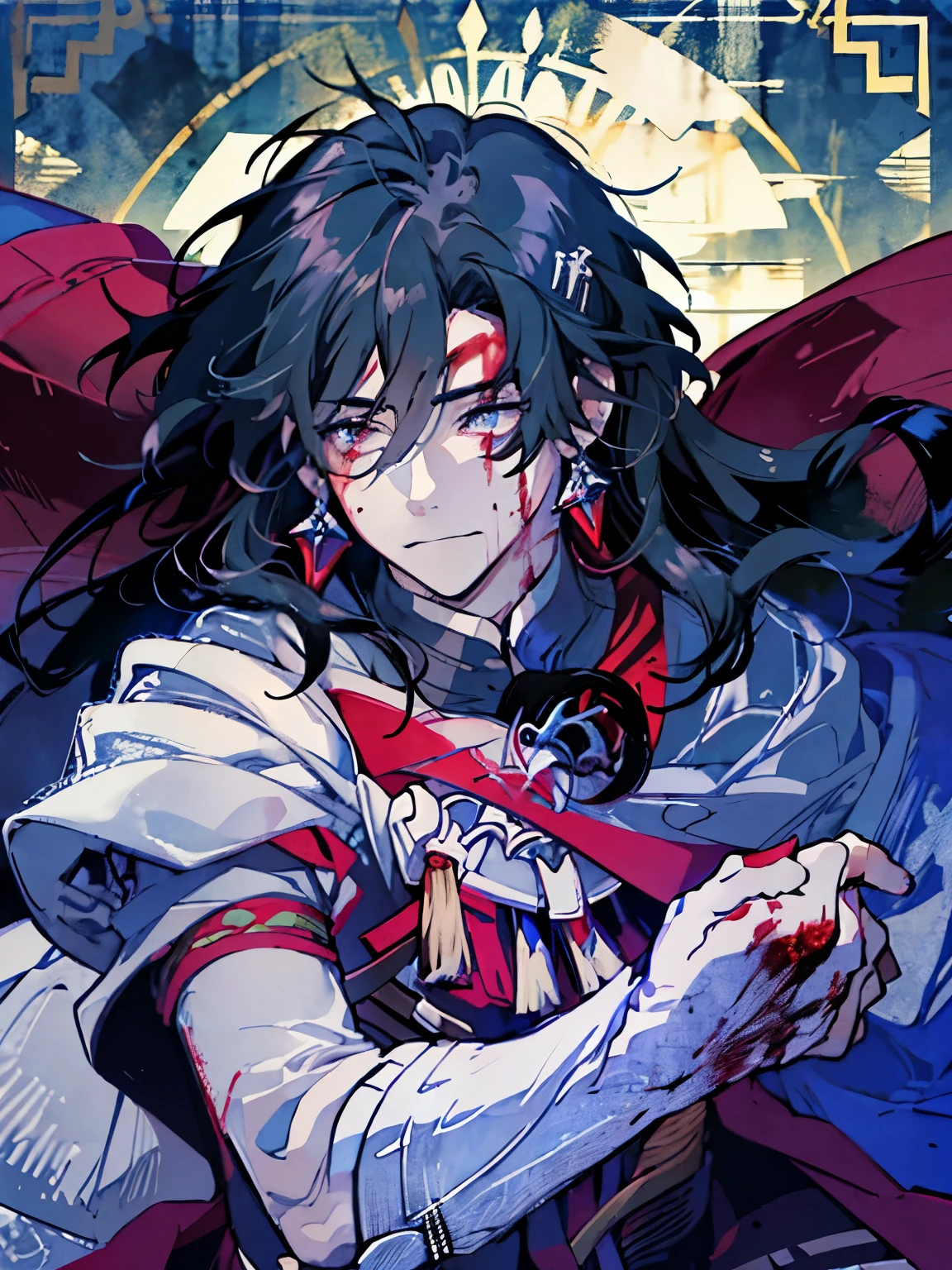 narrowed eyes、dark background、murderous face、bloody、Crazy、watercolor painting、wizard、magic effect、detailed、top quality、elegant、hair flowing in the wind、I went crazy、wild、Splattering blood、blood splatter、Splatter、grotesque、