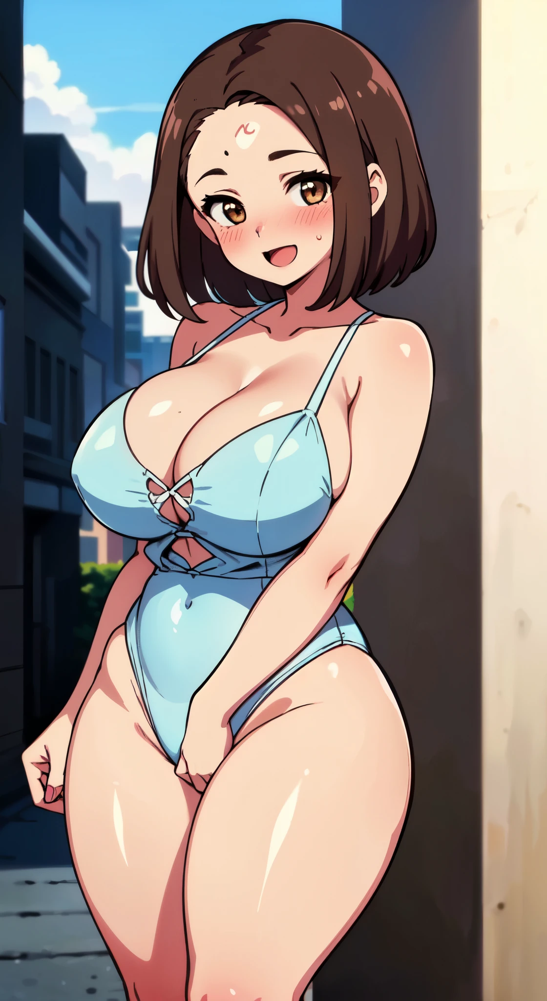 , ((High resolution)),masterpiece, high quality, 最high quality, beautiful, perfect lighting, detailed face, super cute face, ((1 girl)), ((alone), short brown hair, brown eyes, embarrassed look, ((blush)), looking at the viewer, ((Forehead))、:d、parted bangs、asymmetrical bangs、put your hand on your waist, standing in the city, daytime, SF、white leotard, (Chubby), (thigh height), (wide hips), ((thick thighs))、huge breasts,、cleavage, perky chest, 24 year old female、(((legs spread)))、