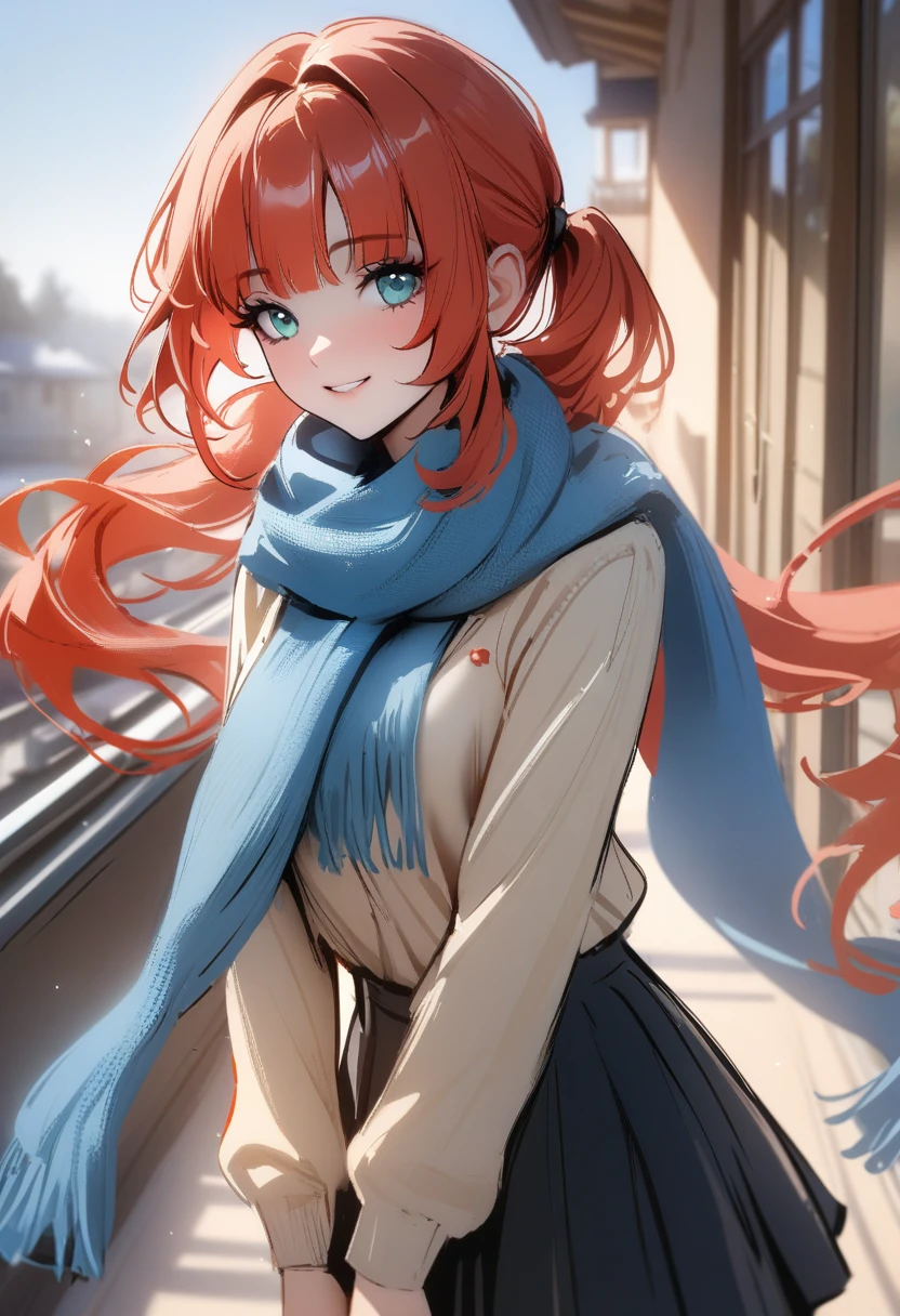 nixeu, very aesthetic, masterpiece, 1girl, full body, Nilou \(genshin impact\), red hair, twintail, jk , gal, front view, smiling happy,, long hair, ponytail, sideview, school, cute, long scarf, fashion, lustrous skin, windy