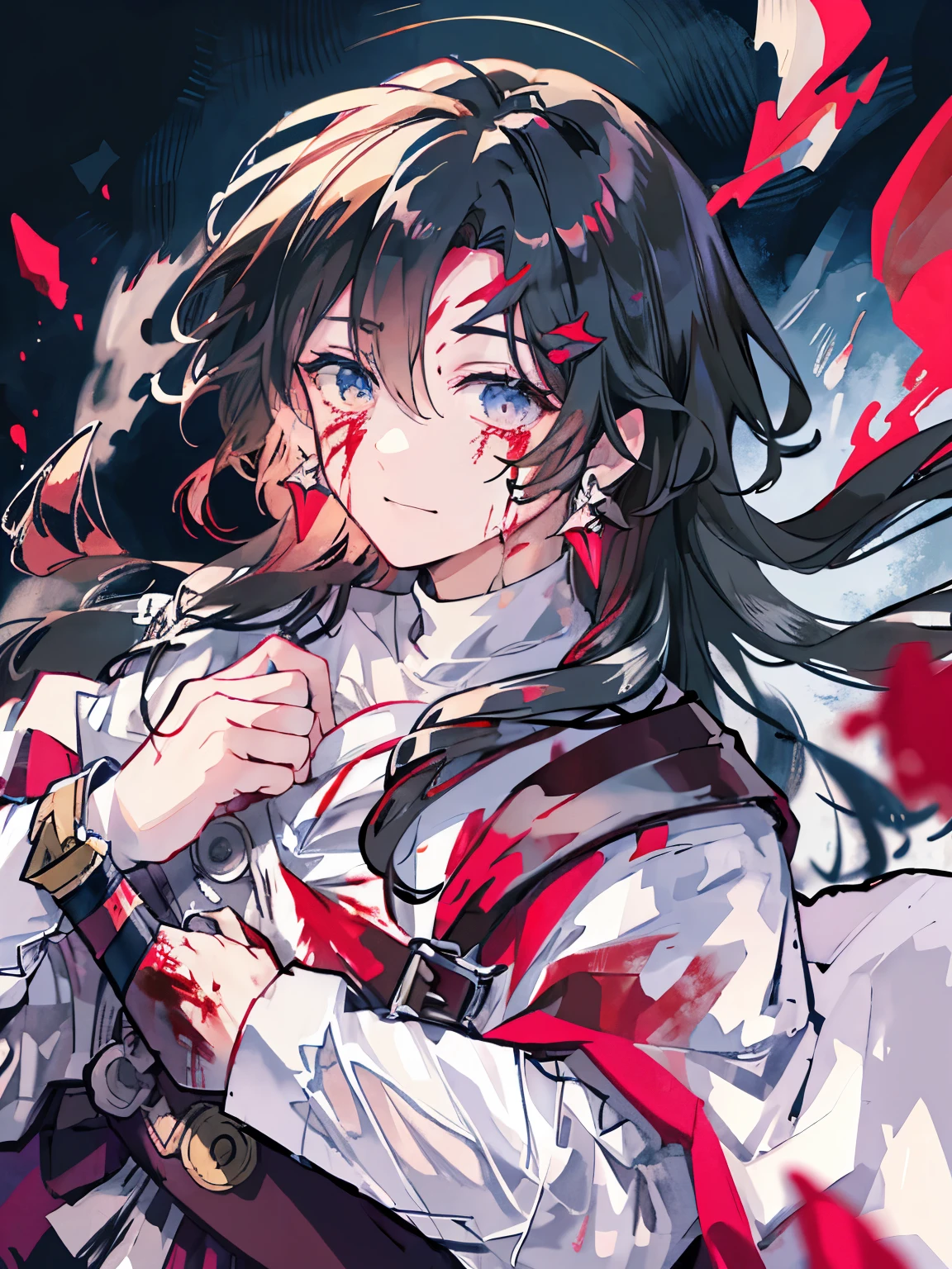 narrowed eyes、dark background、murderous face、bloody、Crazy、watercolor painting、wizard、magic effect、detailed、top quality、elegant、hair flowing in the wind、I went crazy、wild、Splattering blood、blood splatter、Splatter、grotesque、
