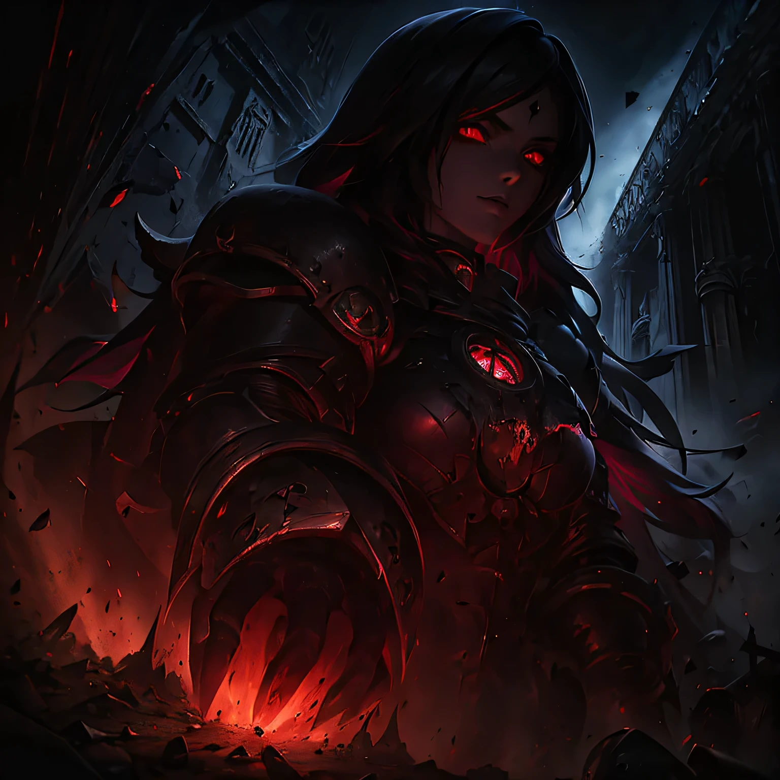 (best quality,ultra-detailed,realistic),portrait, girl with armor,detailed black unkempt hair,intense red eyes,black smoke coming out of mouth,abandoned chapel,medieval armor with intricate details,tattered cloak,dark and gloomy atmosphere,dusty and decaying surroundings,religious symbols,crumbling walls and ceiling,soft and dramatic lighting,vivid colors with a desaturated tone