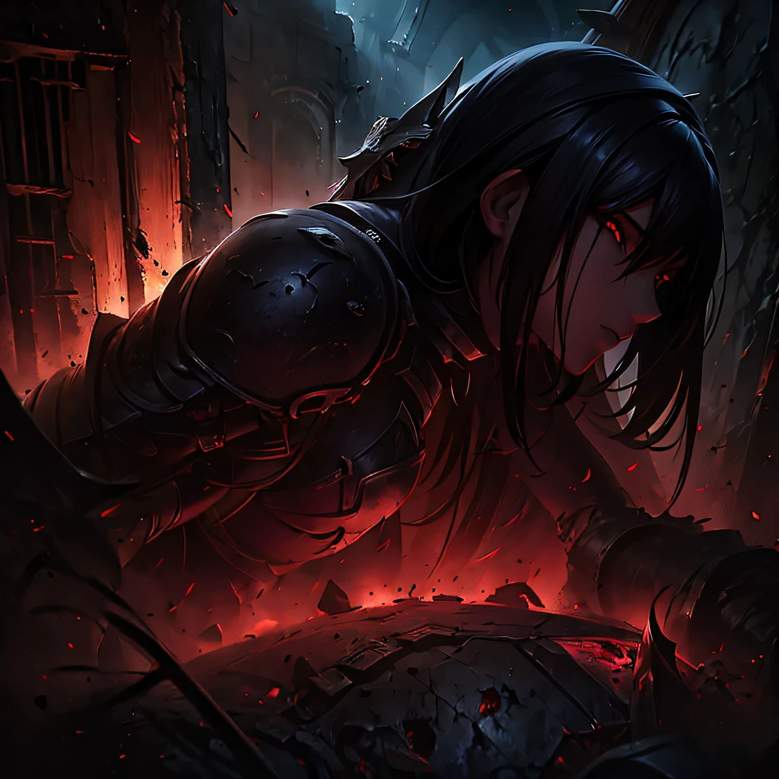 (best quality,ultra-detailed,realistic),portrait, girl with armor,detailed black unkempt hair,intense red eyes,black smoke coming out of mouth,abandoned chapel,medieval armor with intricate details,tattered cloak,dark and gloomy atmosphere,dusty and decaying surroundings,religious symbols,crumbling walls and ceiling,soft and dramatic lighting,vivid colors with a desaturated tone