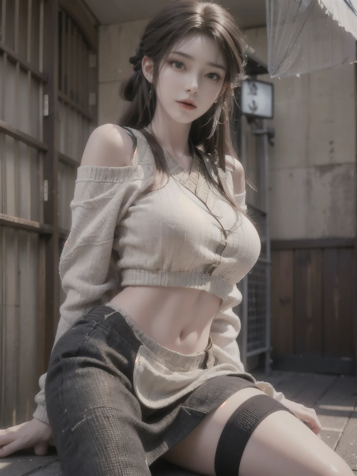 (masterpiece:1.3),(8K,Light reality,original photography,Top图像质量:1.4),Japanese high school  girl、(Random hairstyle:1.2)、Big breasts:1.2、big breasts、round butt、full、Super thin face、Eye for details、double eyelids、bring your breasts together、Sharp focus:1.2、Beauty:1.4、black hair、long hair，Red head rope，brown eyes，Top、、Super quality、Ultra-peak A high resolution、(Light reality:1.4)、Highly detailed and professional bright smile、Loose and lightweight knitwear、Shoulders、Slender、serious facial expression、posture of fate