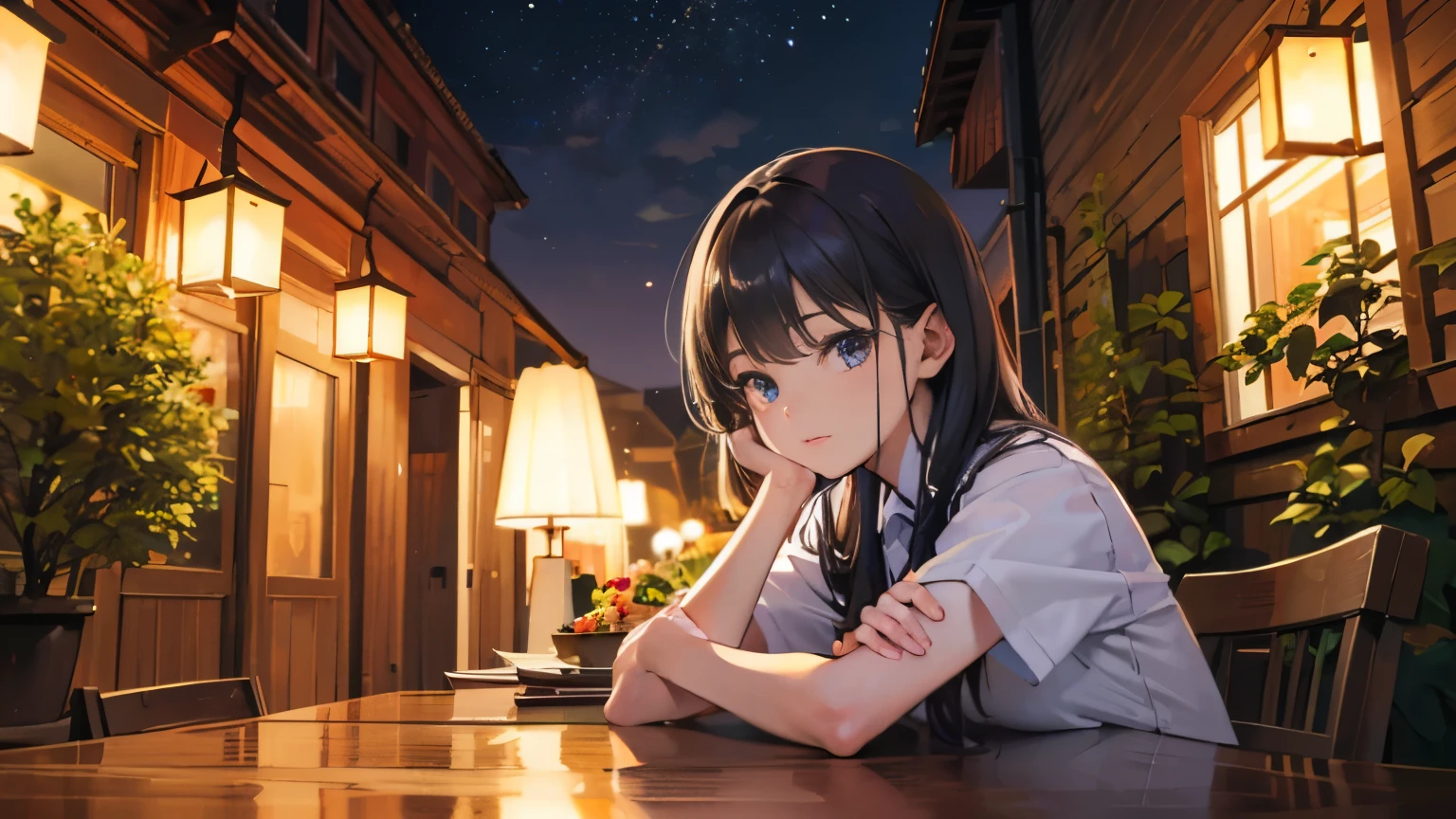(8K, top quality, table top: 1.2), (realistic, realistic: 1.37), Super detailed, one girl, Wide-angle angle of view, firefly garden, There are lots of tiny lights and fireflies flying around, night