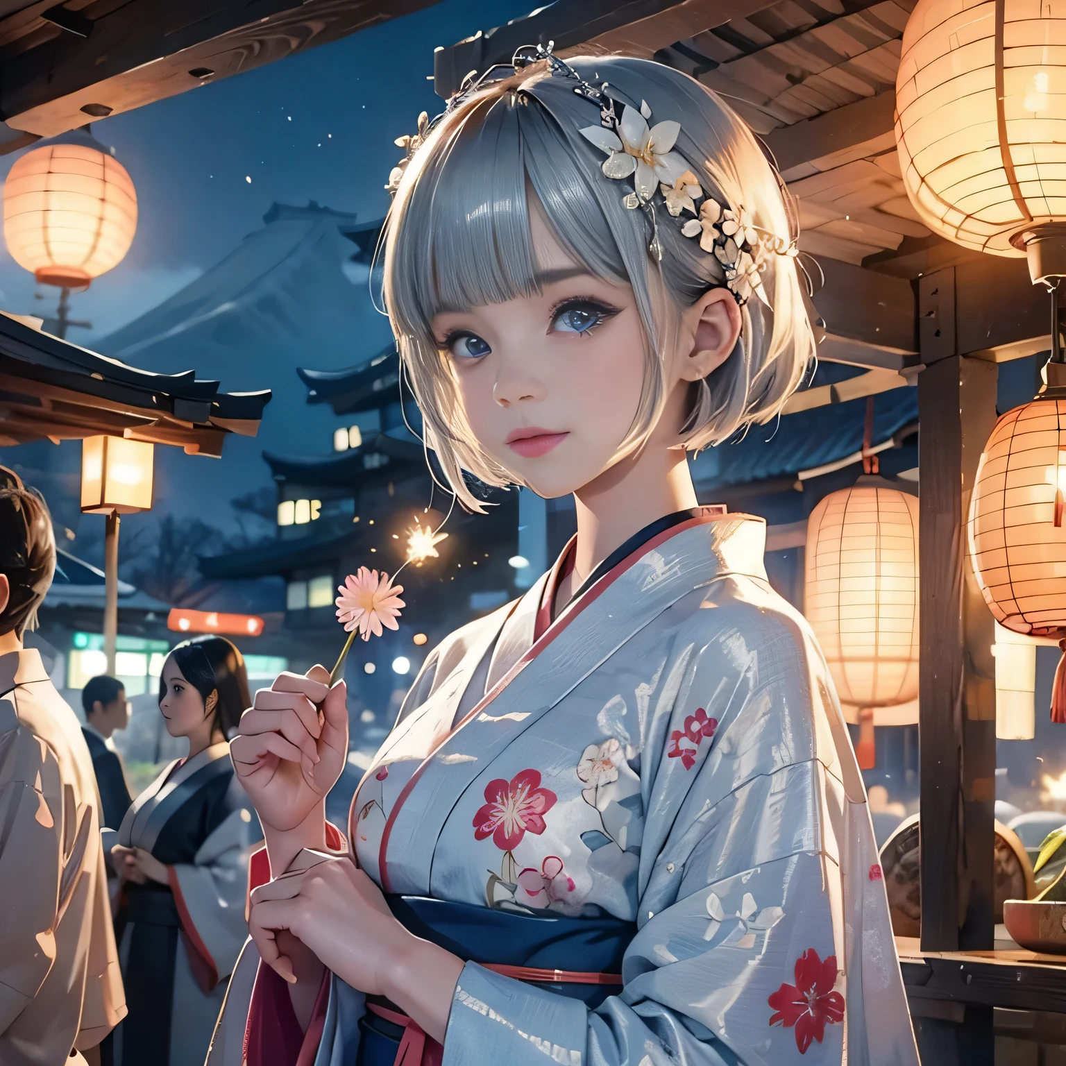 ((1girl,cute,japanese,young,short beautiful silver hair,pixie cut,blunt bangs,beautiful blue eyes)),
(solo),(japanese beautiful floral kimono,yukata),((masterpiece, highest resolution,best quality)), (beautiful illustration), (looking at the viewer), innocent smile,cinematic lighting and pause,beautiful japanese festival,fireworks,flowers,stall、stall,crowded,night,