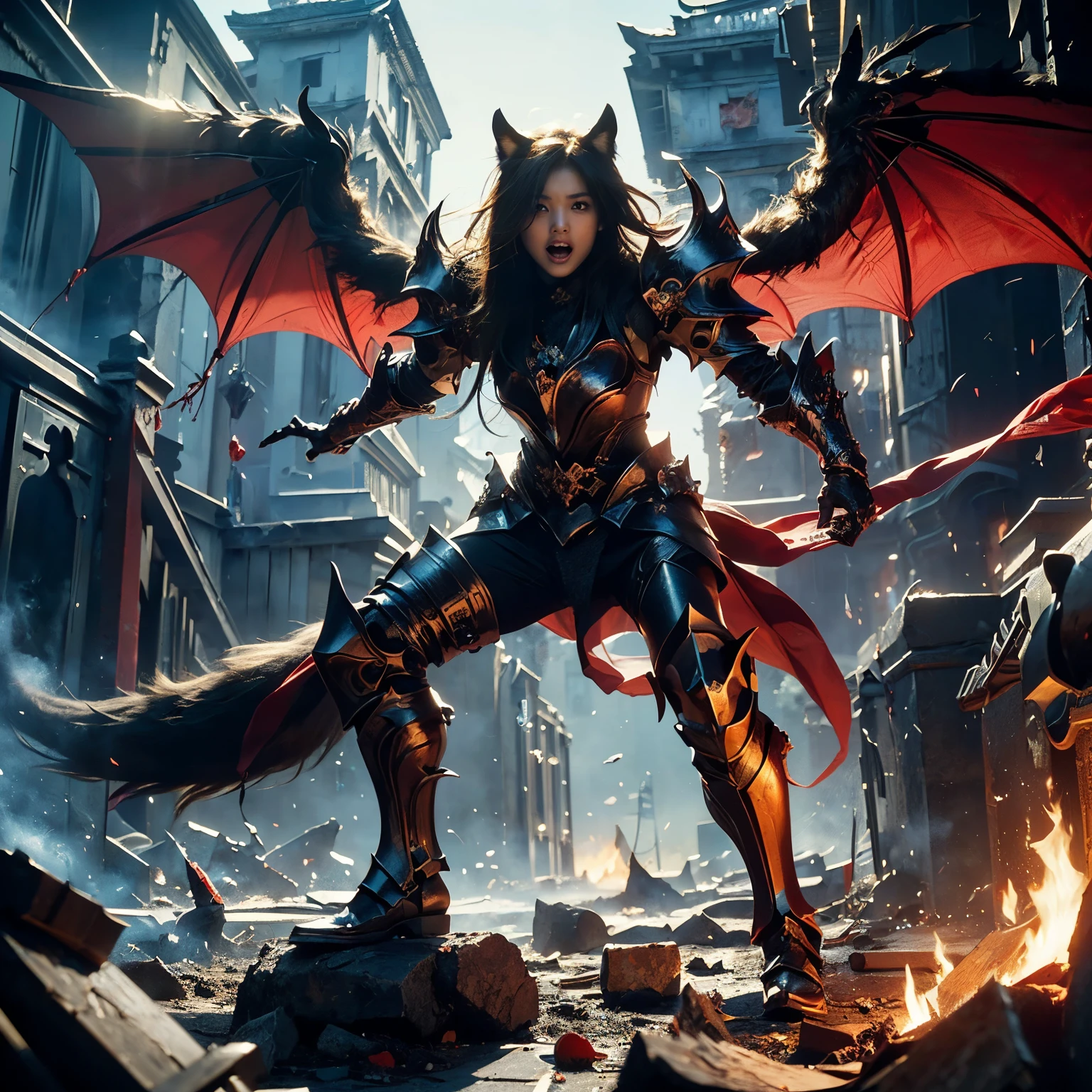 (((Realistic, masterpiece, best quality, crisp detail, high definition, high detail, very rich detail, sharp focus, sharp detail, colorful, rich color, perfect studio lightning))), ((20 years old, beautiful devil, kasumi arimura, evil gothic make up, flying, floating)),(((in the middle of war, epic war scene, attack stance))), wearing (((beautiful decorated black heavy armor, dark dragon armor, decorated full body armor, fully armored beautiful kimono, wide fire diabolos wings))), (flying, holding giant blade, blood scattered face, blood tears, blood bath, blood shed), (((fire everywhere, blood everywhere, death everywhere, japan bakumatsu period, dead bodies,carcass,burned japanese castle, cerberus, three headed wolves, were wolves, hellish,chaos, inferno)) traditional village background, dark atmosphere, bloody night)