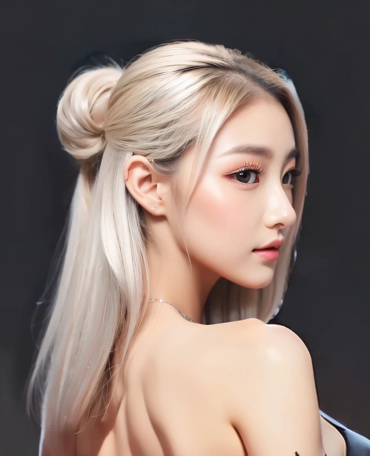 girl, side view, beautiful face, beautiful eyes, beautiful pupil, double eyelid, high detailed real skin, highquality skin, beautiful skin, silver color hair, masterpiece,