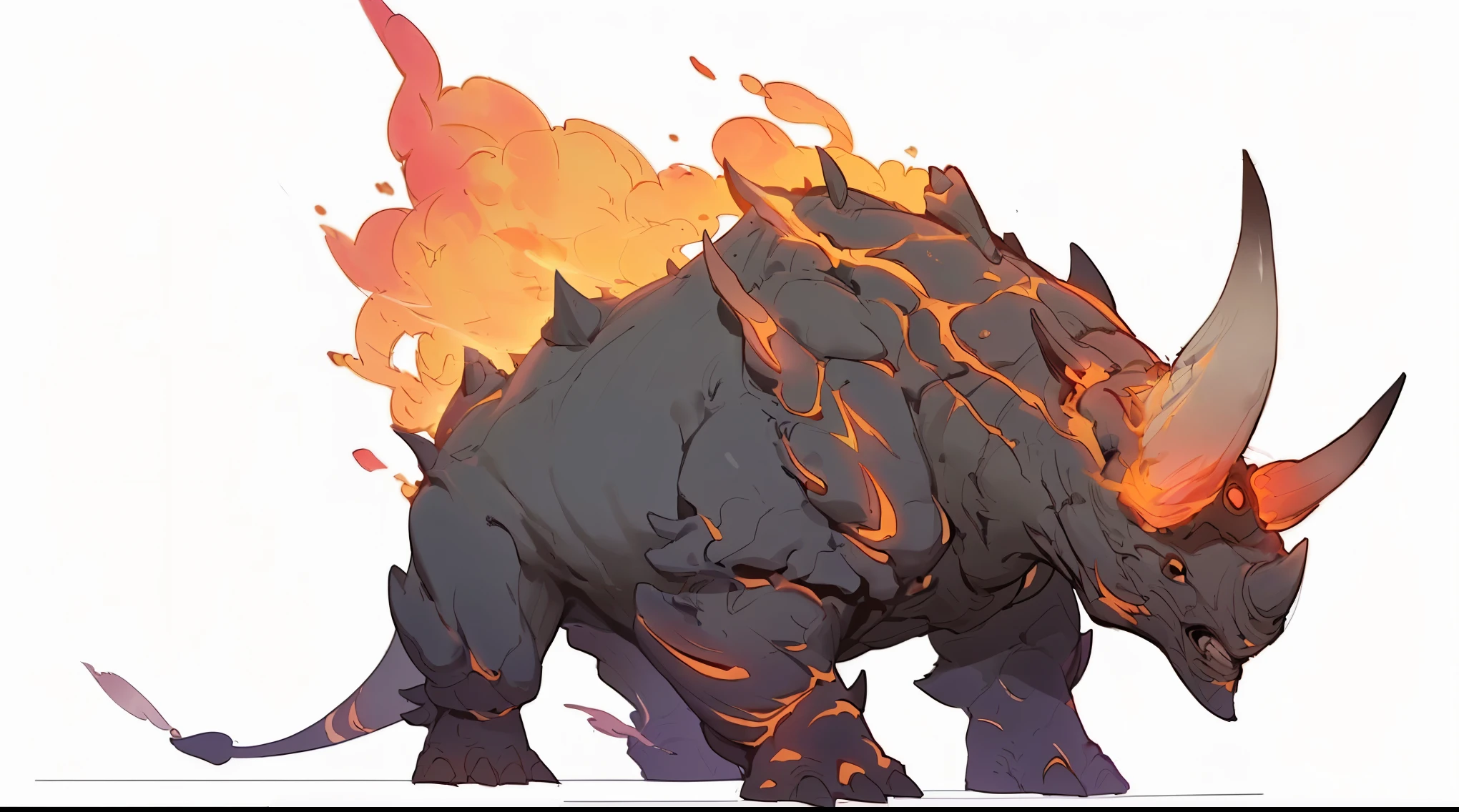 There is a rhinoceros，Back is on fire, by Ryan Ye, fire golem creature, official concept art, by Shitao, high resolution, Rhino rendering, concept art, concept art, Full color illustration, concept arts, official art, Roshan Mountain, fire giant, background art, fire element, balrog concept art, 