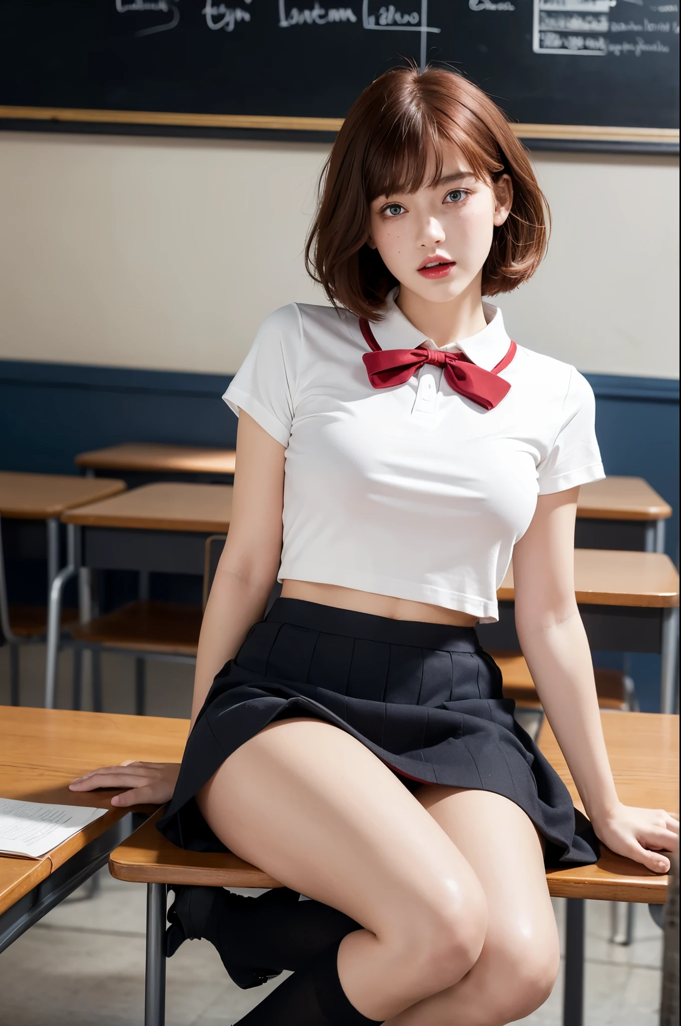 masterpiece, best quality, (photorealistic:1.4), f, classroom, blackboard, a photo of a beautiful woman, full body, sitting on desk, short red hair, no curls, bangs, skinny, tarten school uniform, freckles, blue eyes, voluptuous breasts, erect nipples, school badge, tight small short sleeved shirt, white socks, red lips, underboob, short skirt, nervous facial expression, shirt torn, bra, knickers in hand
t