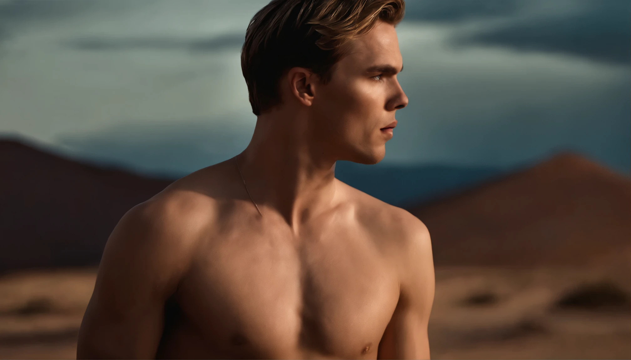 shirtless evil 25 years nicholas hoult face,blonde hair,handsome,190cm tall , stand at mountain,night,desert,3d,art,highres,ultra-detailed,photo-realistic:1.37,horror,sharp focus,vivid colors,studio lighting
