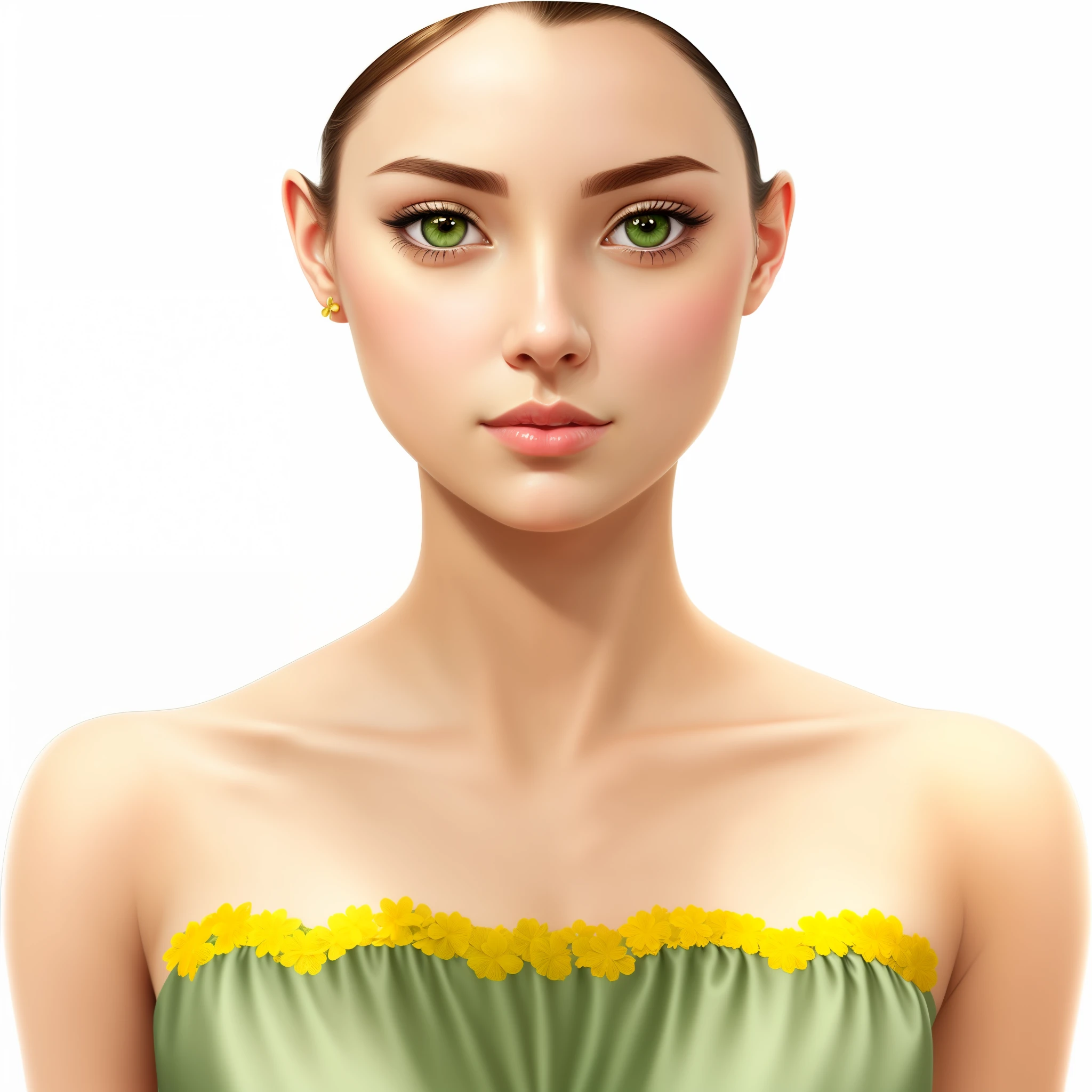 a close up of a woman with a green dress and a yellow bow, digital art of an elegant, highly detailed realistic face, hyperrealistic teen, detailed realistic face, stylized portrait formal pose, in style of digital painting, realistic beautiful face, glossy digital painting, with very highly detailed face, photorealistic skin tone, inspired by Sim Sa-jeong