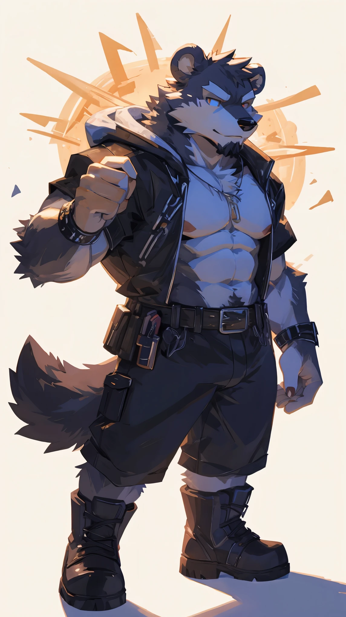 (masterpiece:1.2), best quality,pixiv,official art,perfect anatomy, (Ray tracing, light),solo, (1_male:1.3) , (muscle), (dark fur:1.4), (dynamic poses:1.3), (ultra deTailed), sharp focus, Negi, eyes, (glowing cyan eyes), hairy, (Gray fur:1.4),(muscle bear), (beard:1.3), Tail, Thick eyebrows,open hoodie, naked inside, cargo shorts, boots, ultra deTailed face, high deTails, high quality, (best quality,4K,8K,high resolution,masterpiece:1.2),bright colors, float in the sky, reach hand, (white background:1.3), (light flow:1.3), colorful light glow
