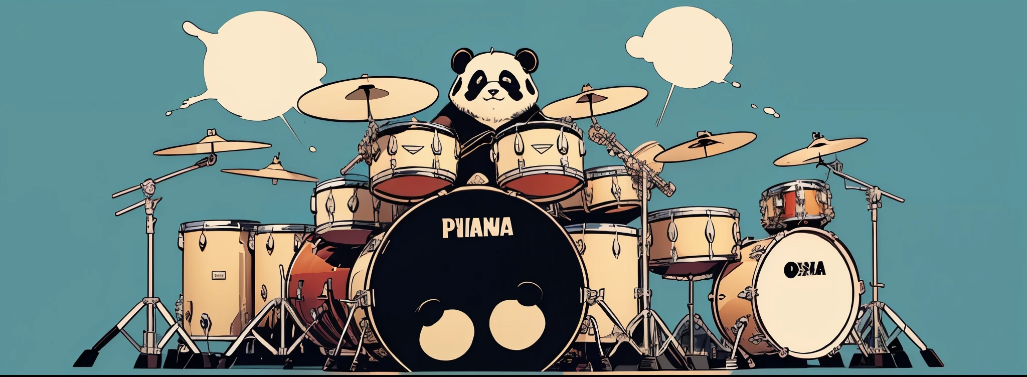 lineup, character char(masterpiece, best quality)cute giant panda（panda）正在敲drum set[modern percussion instruments：drum set（Five-drum system）]；Wearing an oversized T-shirt（There are Chinese elements），With a big gold chain tag，sunglasses，reference：kungfu Panda。Notice：occlusion。blue background。Background rendering atmosphere，Color coordination；Explosive effect，Cool。Rich in details。Poster cover，illustration style，comic style，American comics，print style，Stroke，line drawing，thick lines。Ultra-clear，8K，Top quality output。
