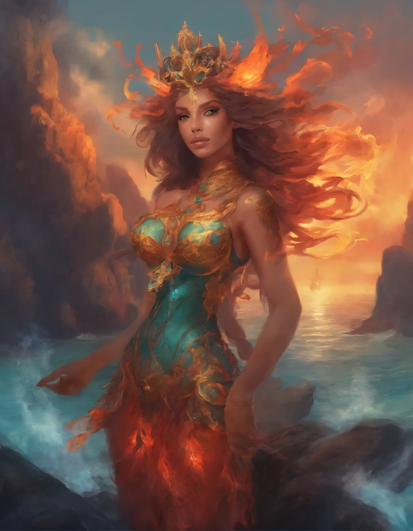 a painting of a mermaid sitting on a rock in the ocean, concept art by Jeremy Chong, Artstation, fantasy art, lava and fire goddess, appears as the fire goddess, fire goddess, goddess of fire, the butterfly goddess of fire, the fire goddess, style of peter mohrbacher, hot fire goddess, peter mohrbacher'', fire elemental