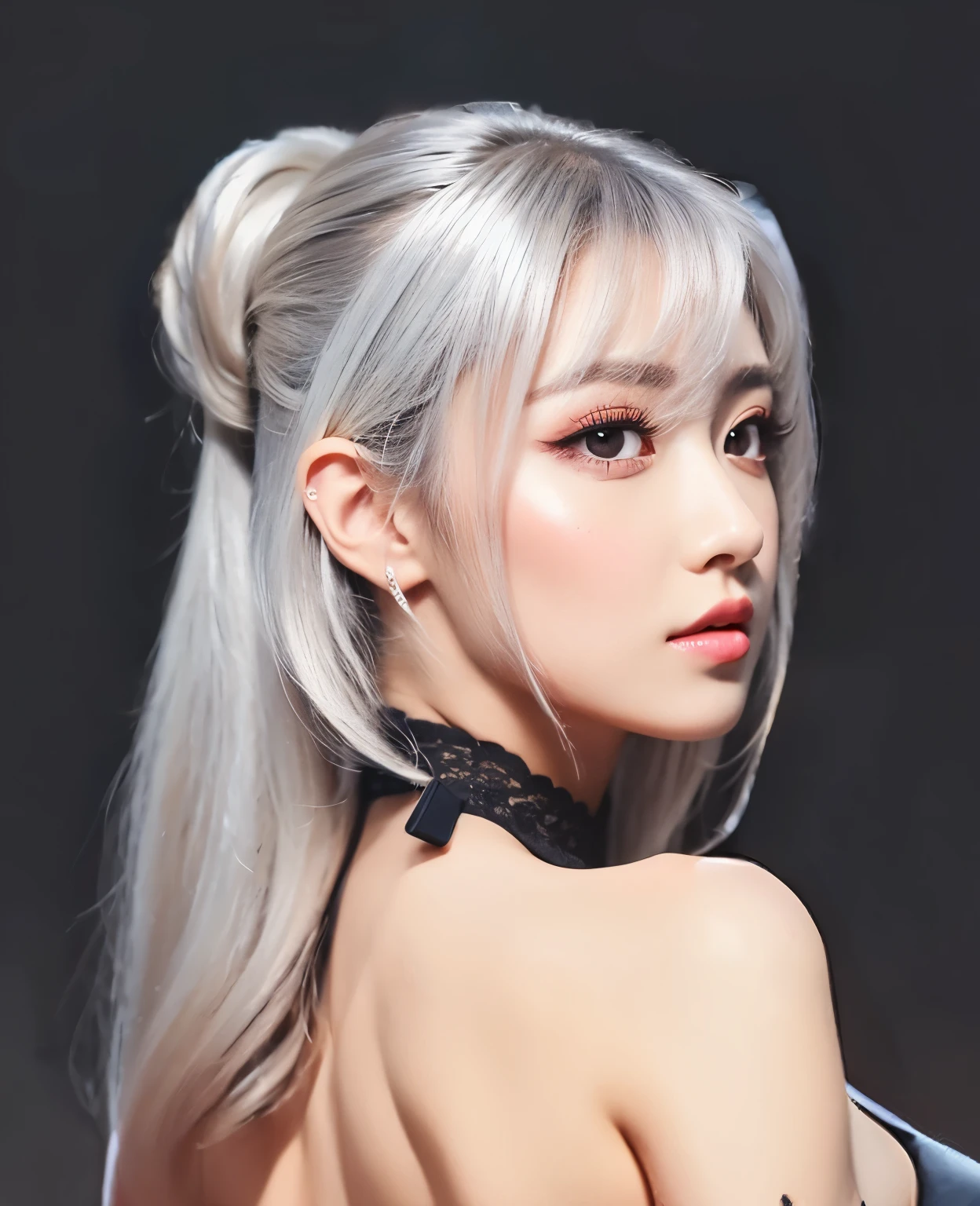 girl, side view, beautiful face, beautiful eyes, beautiful pupil, double eyelid, high detailed real skin, highquality skin, beautiful skin, silver color hair, professional lighting, real shadow, masterpiece,