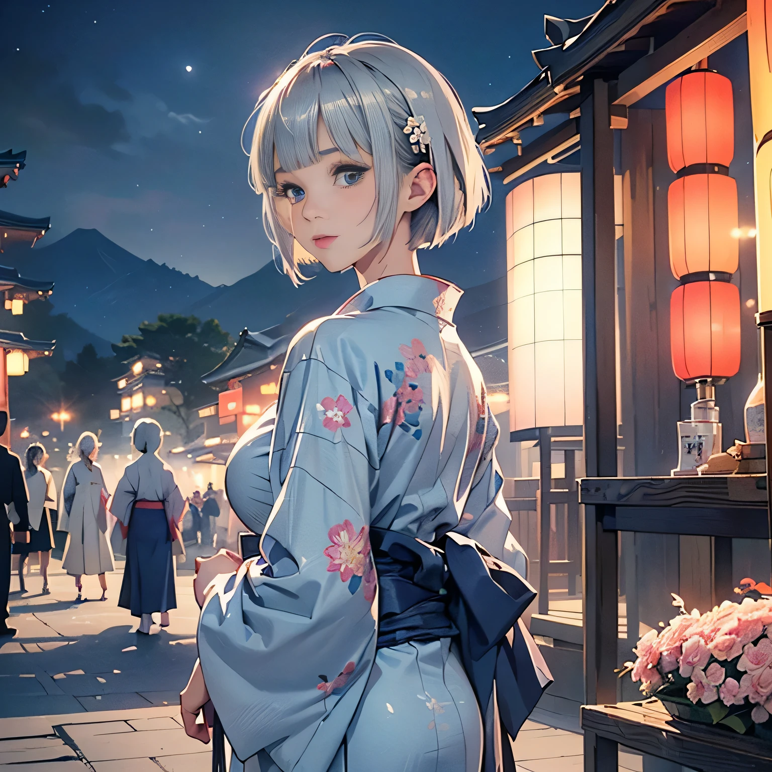 ((1girl,cute,japanese,young,short beautiful silver hair,pixie cut,blunt bangs,beautiful blue eyes)),
(solo),(japanese beautiful floral kimono,yukata),((masterpiece, highest resolution,best quality)), (beautiful illustration), (looking at the viewer), innocent smile,cinematic lighting and pause,beautiful japanese festival,fireworks,flowers,stall、stall,crowded,night,