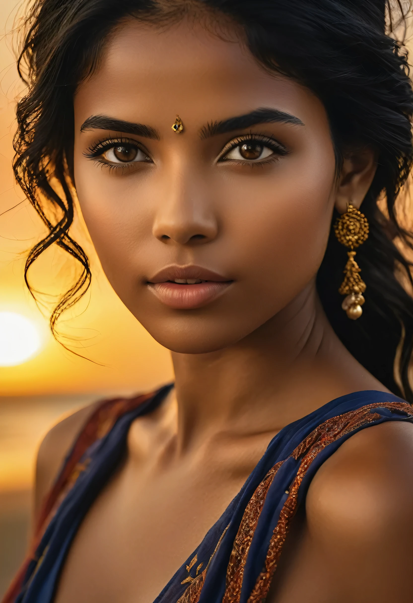 Delicately depicts the whole body of a 25-year-old woman, Capturing her unique elegance in one authentic photograph. This photo sums up the essence of a 25-year-old girl, She was naked，Have beautiful brown skin，Exudes confidence. What&#39;s striking about her appearance is her vibrant black hair, A testament to her individuality and artistic talent. The setting is a tranquil beach, Where golden sand meets gentle waves, Provide a backdrop that complements her natural beauty. The image focuses only on her, Let her charm be the center of attention. Presented in extremely detailed CG unity 8k wallpaper format, This photo offers an unparalleled visual experience，Capturing every aspect of her being in meticulous detail. Such a photo is more than just an image; This is proof of the integration of art and life. Crafted by Steve McCurry, master craftsman, This professional and majestic portrait encapsulates the essence of the subject in a way that is synonymous with McCurry&#39;s name.. Shot with 8k UHD DSLR, Soft lighting highlights her features，And refined film grain effects add an air of timeless authenticity. Fuji XT3 lens, Set to F/5.6, Ensures sharp focus and high detail, Beautifully highlights contours and tones，Define her unique beauty. The image has a dramatic tone, Captured from a perspective that invites the viewer to connect with her on a deeper level. her eyes, Point to the audience, Resonance with weight 1.2, Create engaging personal connections. Detailed pupils dilated to 1.3, Adds captivating depth to her expressive eyes. The use of natural light creates a warm and authentic atmosphere, Capturing the true essence of her radiance.