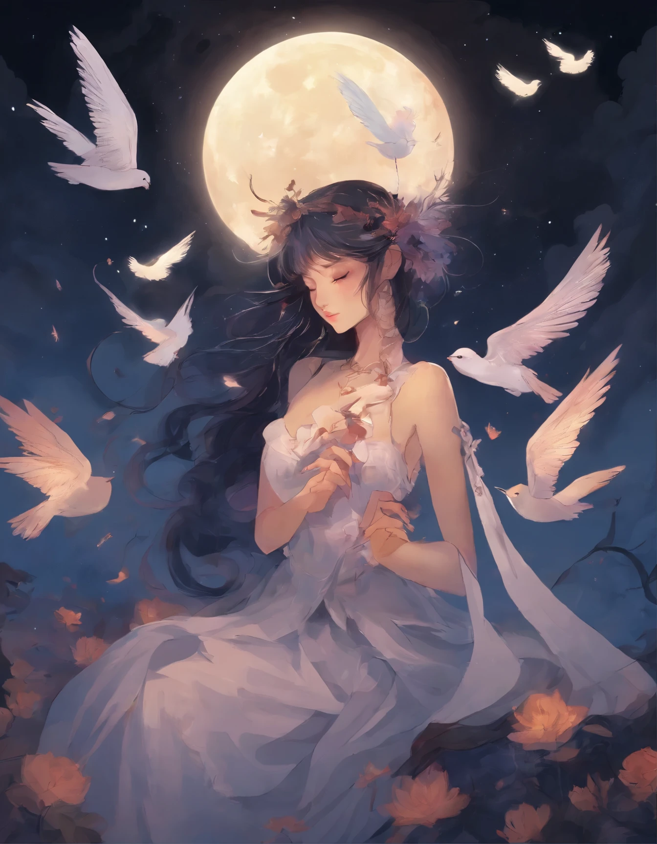 anime girl with a bird in her hand in the moonlight, cloud goddess, rhads and lois van baarle, anime fantasy illustration, goddess of the moon, inspired by Cyril Rolando, inspired by Yuumei, makoto shinkai cyril rolando, inspired by Ross Tran, anime fantasy artwork, loish and wlop, digital art on pixiv