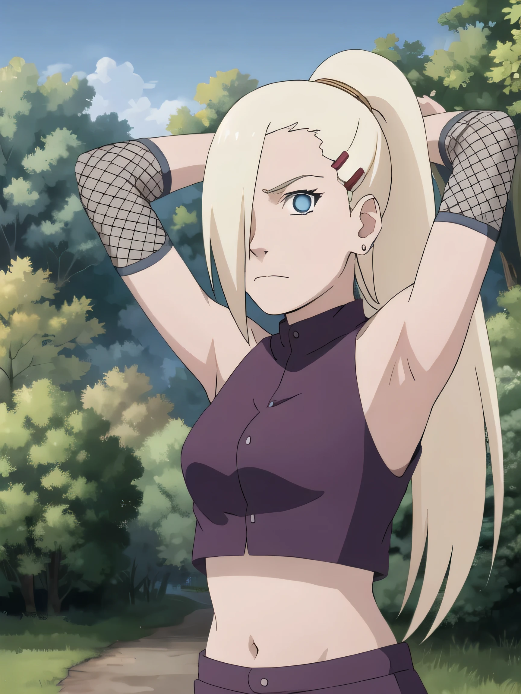 1girl, solo, blue eyes, ponytail, hair over one eye, hairclip, earrings, looking at viewer, long hair, blonde hair, outdoors, forest, closed mouth, sleeveless shirt, bare shoulders, ninja, upper body, midriff, navel, fishnets, arms up, armpits, showing armpits, masterpiece, by masashi kishimoto