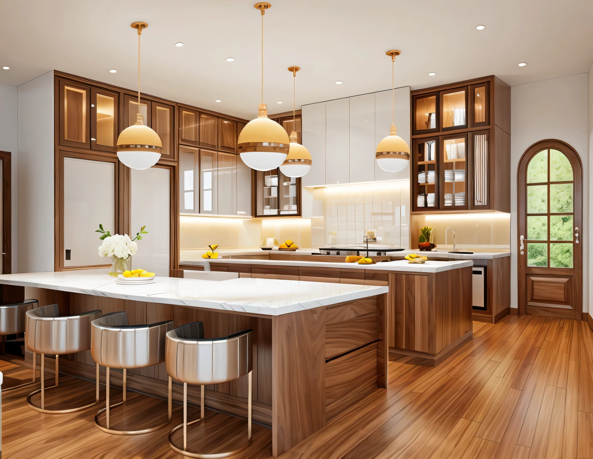 minimal kitchen interior, walnut panel and white panel rough-hewn material, exposured wood, stucco wall, tiled floor, refrigerator, cozy lighting