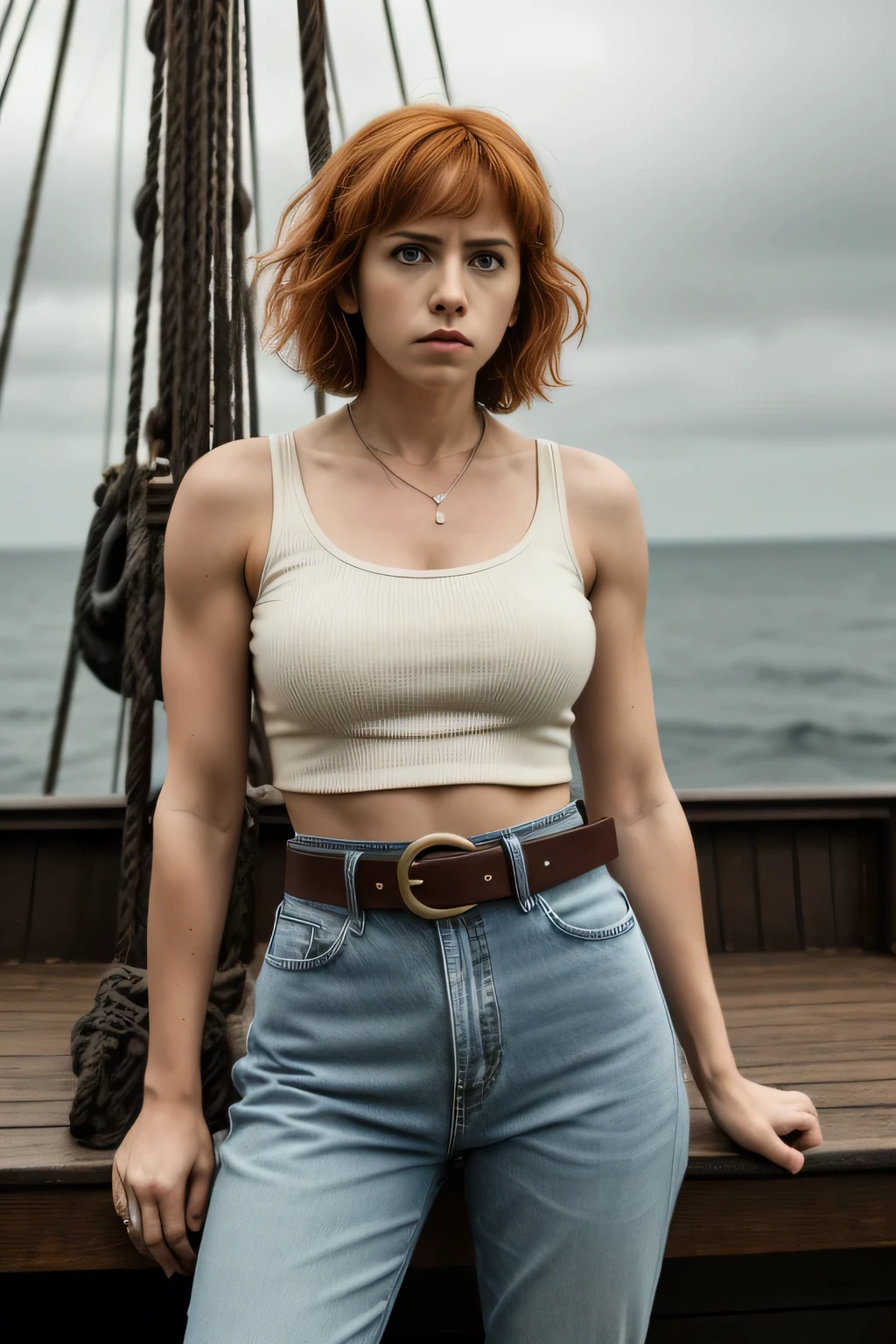 cinematic film still EmilyRuddNamiQuiron, best quality, highres, nami (one piece), athletic body, abs, big breasts, muscle legs, on a wooden pirate ship, midriff, belt, jeans, denim, short hair, orange hair, . shallow depth of field, vignette, highly detailed, high budget Hollywood movie, bokeh, cinemascope, moody, epic, gorgeous, film grain, grainy