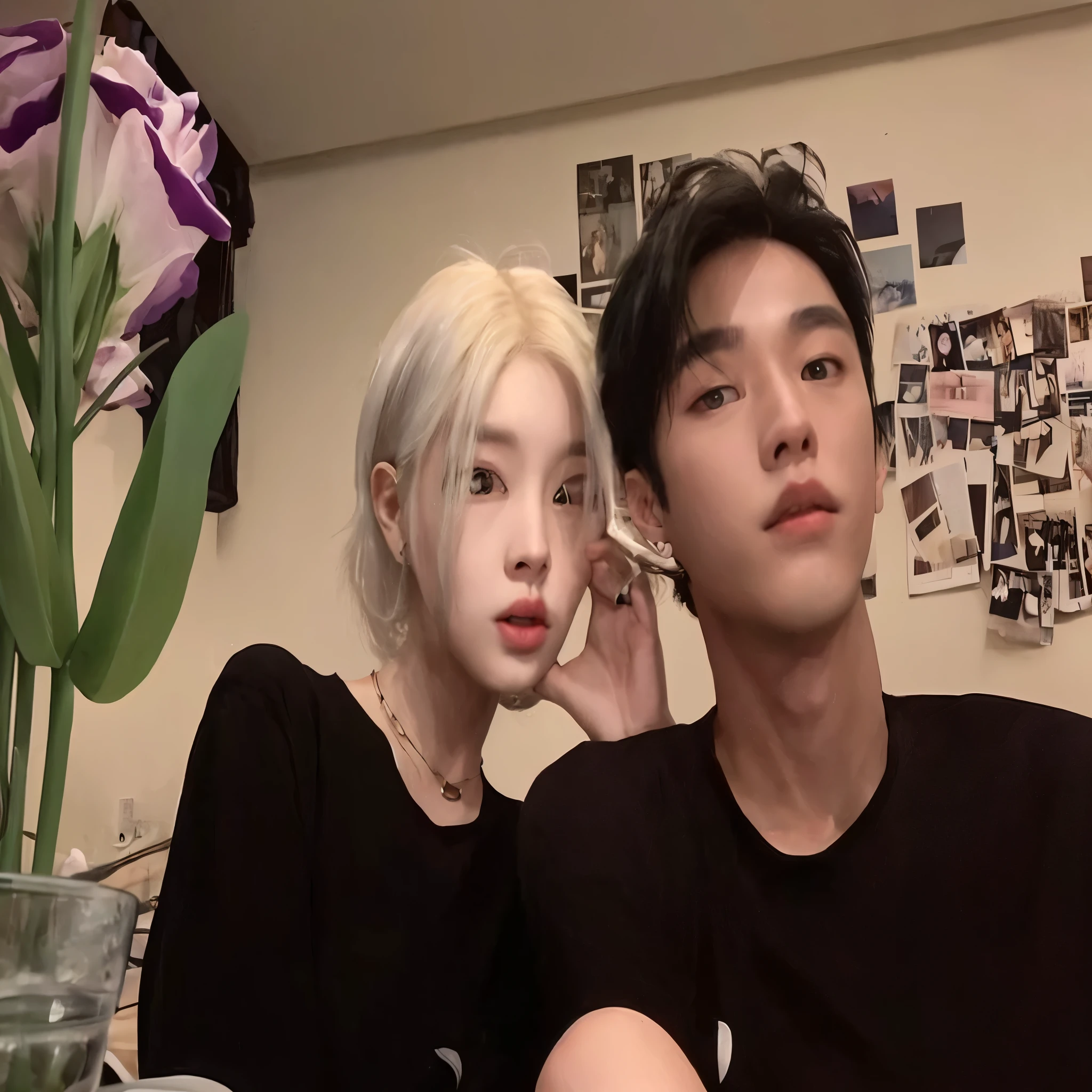 There are two people sitting next to each other in a room, kim doyoung, kim taejin, con negro, ulzzang, imagen filtrada, con el pelo largo y blanco, sakimichan y frank franzzeta, & jee hyung lee & Oh!, #oc, # oc, kda y sam que