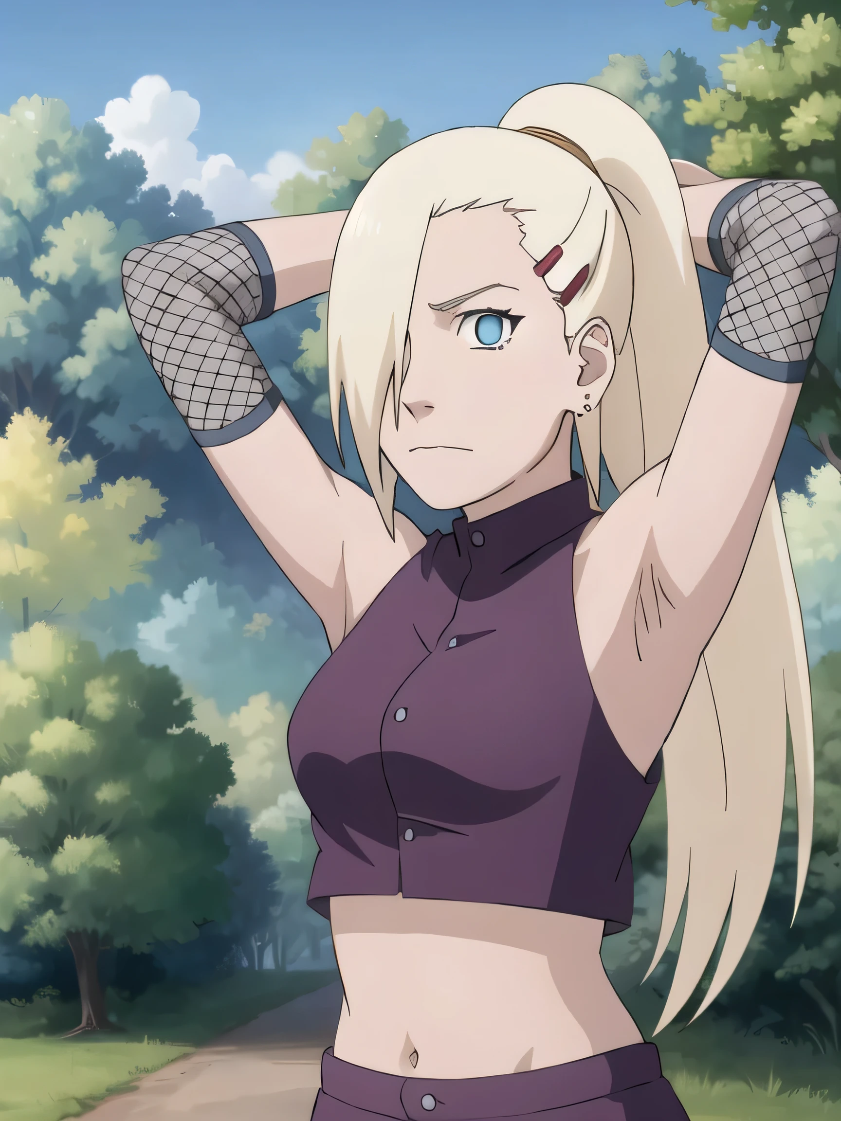 1girl, solo, blue eyes, ponytail, hair over one eye, hairclip, earrings, looking at viewer, long hair, blonde hair, indoors, closed mouth, sleeveless shirt, bare shoulders, ninja, upper body, midriff, navel, fishnets, arms up, armpits, showing armpits, masterpiece, by masashi kishimoto