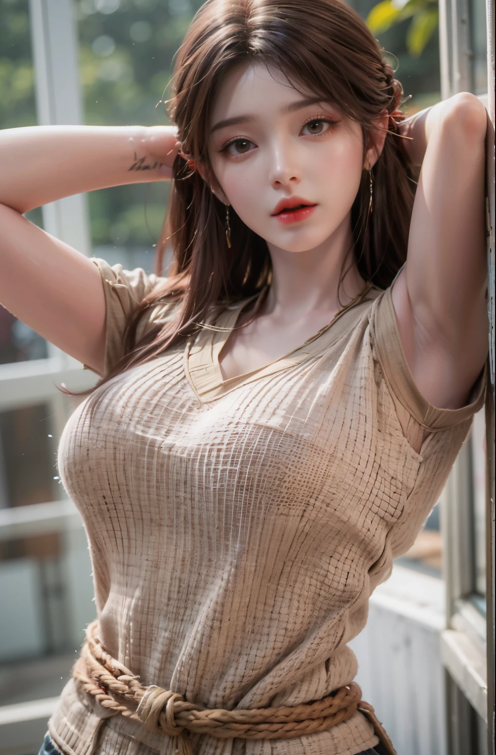 (masterpiece:1.3),(8K,Light reality,original photography,Top图像质量:1.4),Japanese high school  girl、(Random hairstyle:1.2)、Big breasts:1.2、big breasts、round butt、full、Super thin face、Eye for details、double eyelids、bring your breasts together、Sharp focus:1.2、Beauty:1.4、black hair、long hair，Red head rope，brown eyes，Top、、Super quality、Ultra-peak A high resolution、(Light reality:1.4)、Highly detailed and professional bright smile、Loose and lightweight knitwear、Shoulders、Slender、serious facial expression、posture of fate