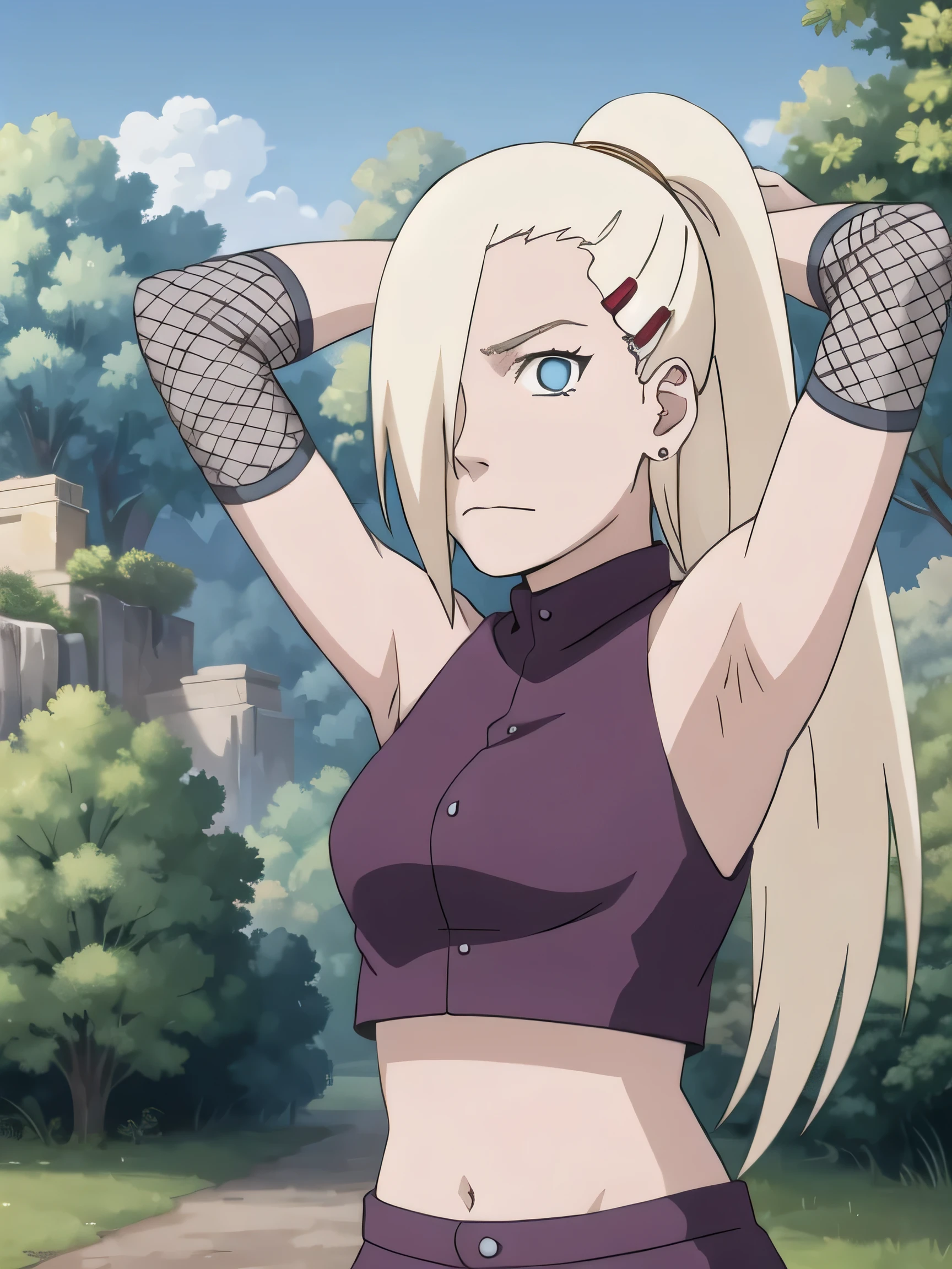 1girl, solo, blue eyes, ponytail, hair over one eye, hairclip, earrings, looking at viewer, long hair, blonde hair, indoors, closed mouth, sleeveless shirt, bare shoulders, ninja, upper body, midriff, navel, fishnets, arms up, armpits, showing armpits, masterpiece, by masashi kishimoto