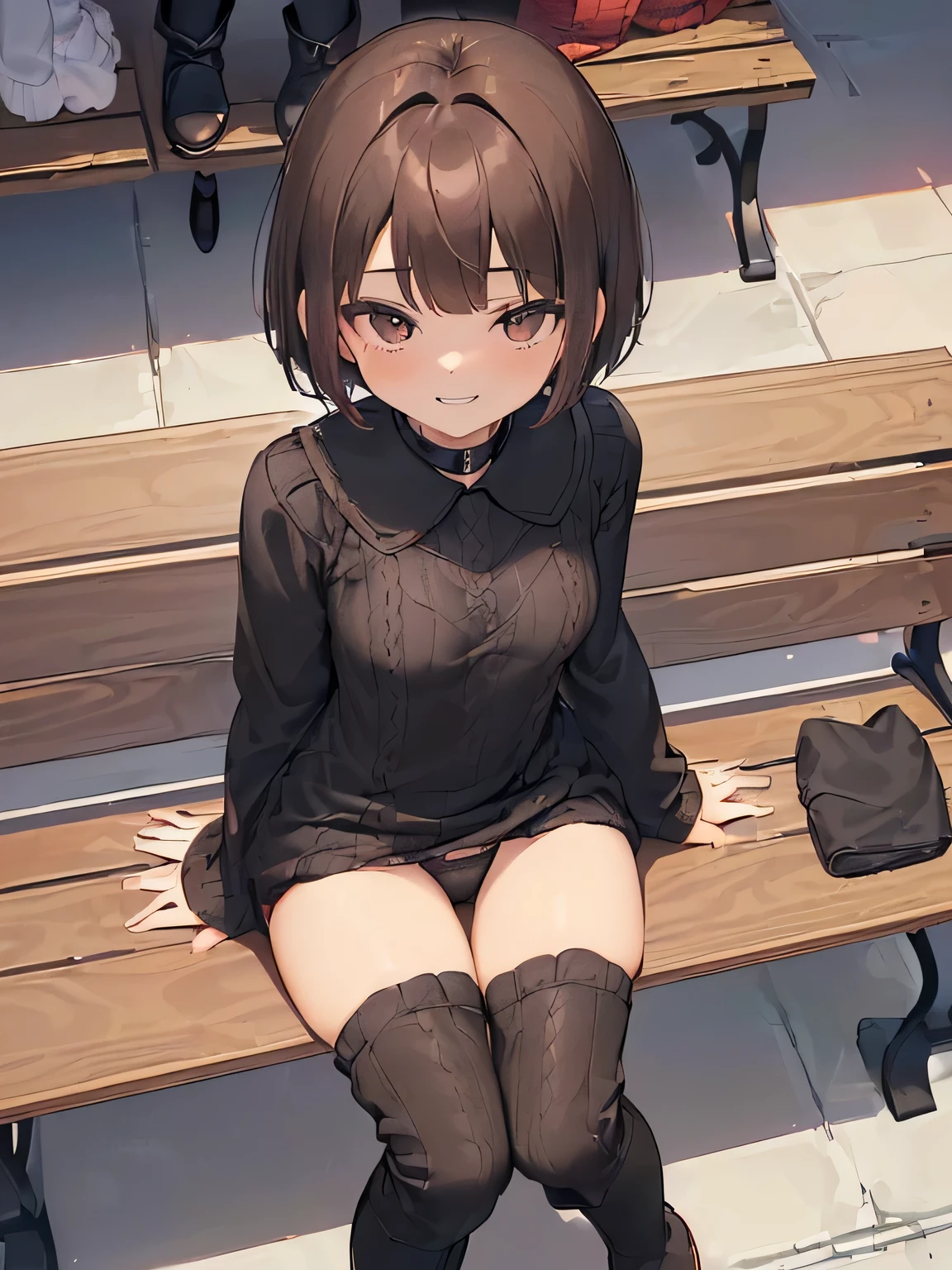 (masterpiece、highest quality、High resolution、realistic pictures、real looking skin:1.1)、 (A woman sits with her thighs closed on a bench in a shopping mall:1.8)、 (The length of the dress is so short that you can almost see her panties.:1.8)、 (looking at her from a slightly higher perspective:1.8)、 (A provocative and grinning expression:1.8)、 (She is wearing a knitted mini dress with a black collar.:1.8)、(I&#39;m wearing black middle boots:1.8)、 (The panties are red and have a pattern.:1.5)、 (brown short hair:1.5)、 (small face:1.5)、 (she is 22 years old:1.5)、 (She has D cup breasts:1.5)、 (The place is a bench in a shopping mall.:1.5)、 1 Japanese girl、solo、full body esbian、beautiful eyes、shining eyes、Shining thighs、NSFW