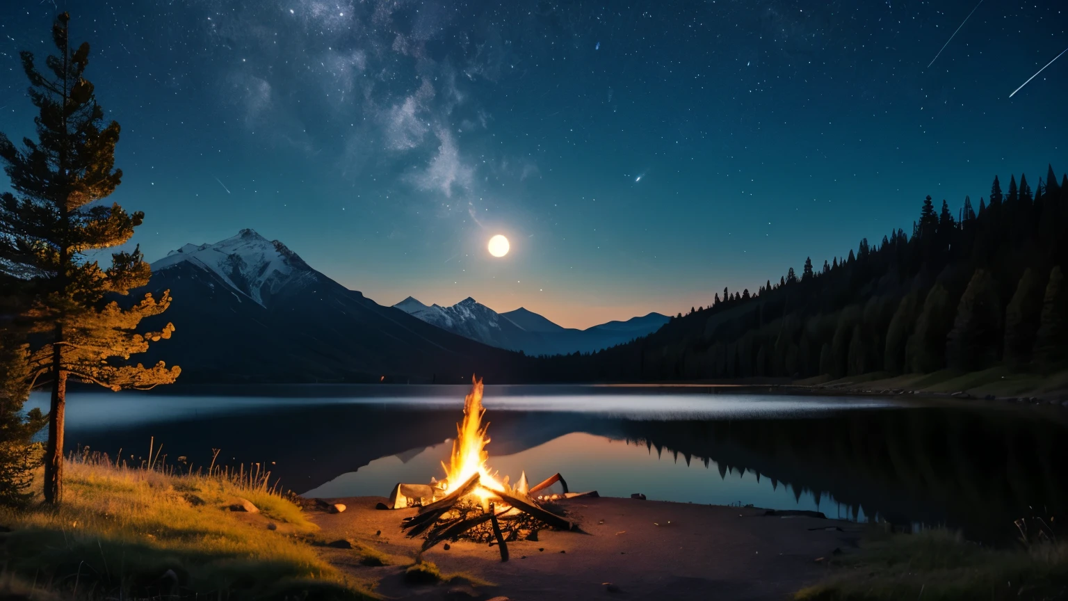 bonfire full moon shooting star lake