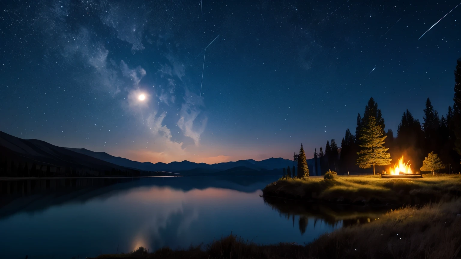 bonfire full moon shooting star lake