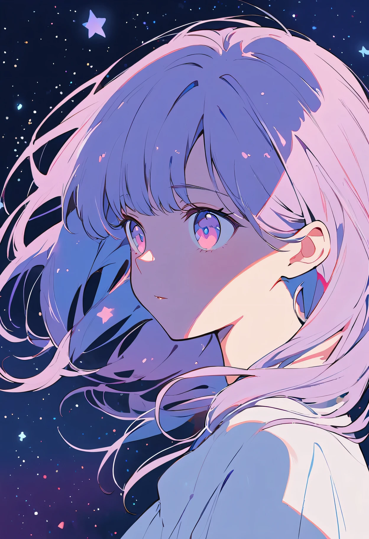 Creative vector art illustration:(negative space:1.4),(1 girl, alone:1.4),Beautiful and delicate eyes,floating pale pink and lavender hair, lilac eyes, night, starry sky, stars shine