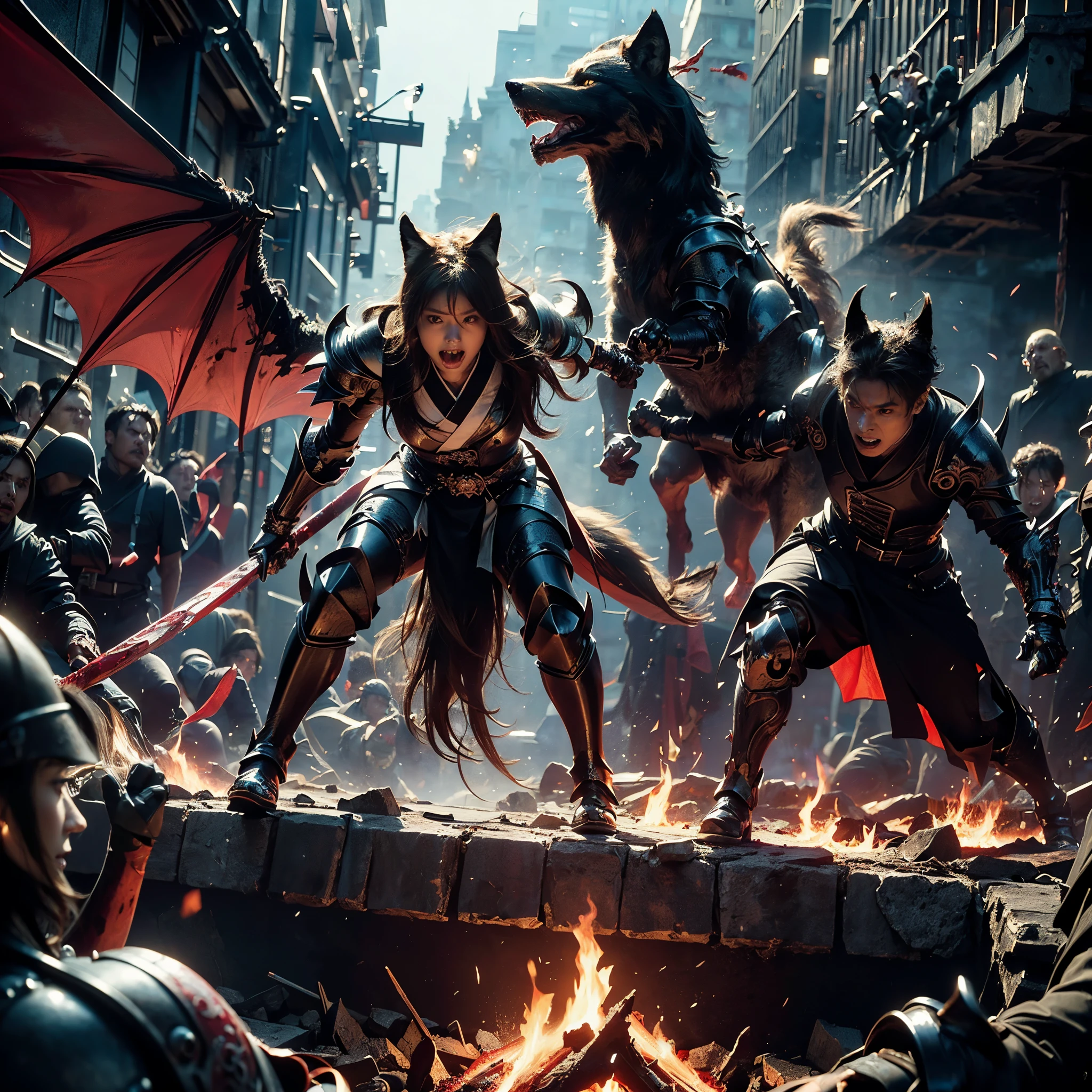 (((Realistic, masterpiece, best quality, crisp detail, high definition, high detail, very rich detail, sharp focus, sharp detail, colorful, rich color, perfect studio lightning))), ((20 years old, beautiful devil, kasumi arimura, evil gothic make up, flying, floating)),(((in the middle of war, epic war scene, attack stance))), wearing (((beautiful decorated black heavy armor, dark dragon armor, decorated full body armor, fully armored beautiful kimono, wide fire diabolos wings))), (flying, holding giant blade, blood scattered face, blood tears, blood bath, blood shed), (((fire everywhere, blood everywhere, death everywhere, japan bakumatsu period, dead bodies,carcass,burned japanese castle, cerberus, three headed wolves, were wolves, hellish,chaos, inferno)) traditional village background, dark atmosphere, bloody night)