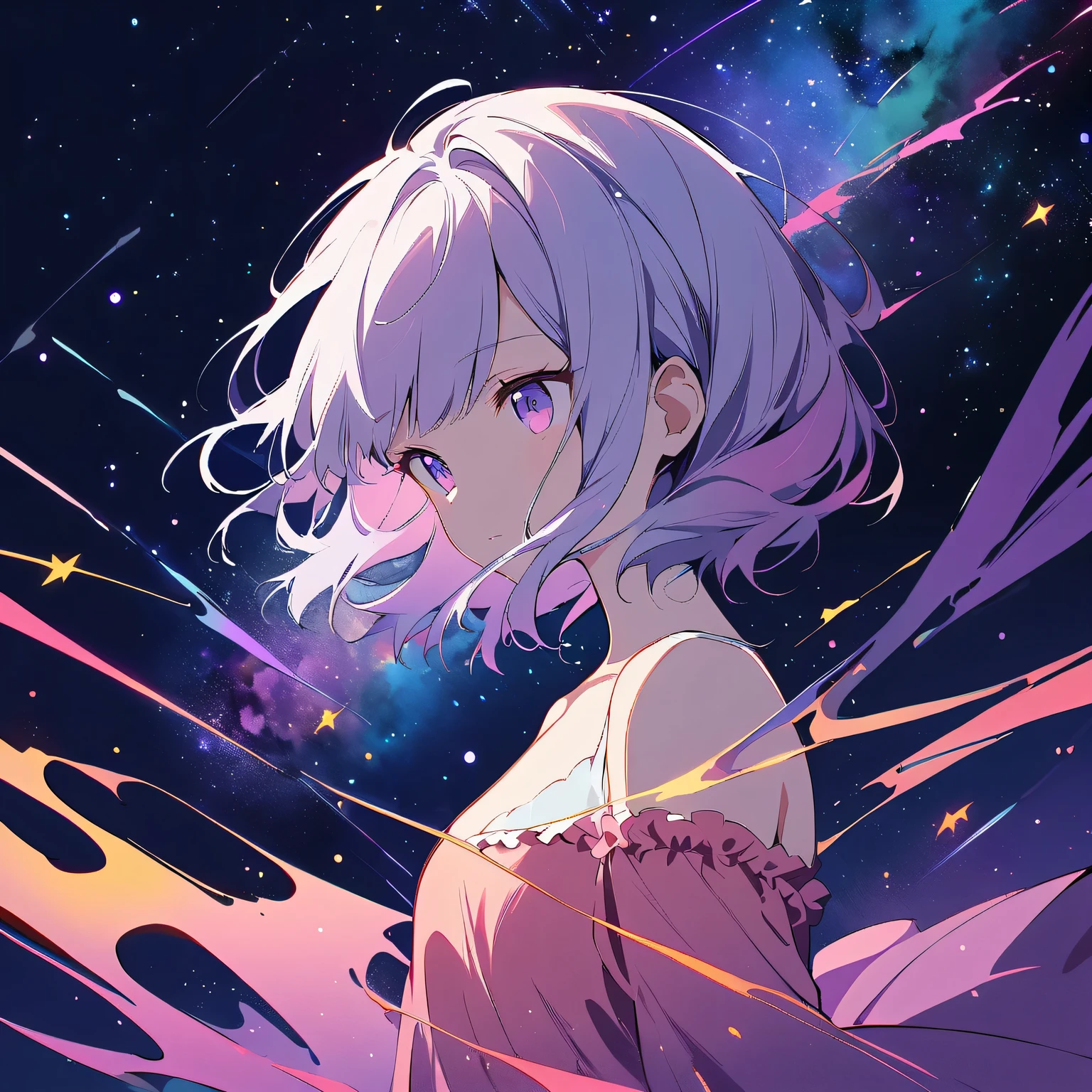 Abstract creative art illustration vector material:(negative space:1.4),(1 girl, alone:1.4),Beautiful and delicate eyes,floating pale pink and lavender hair, lilac eyes, night, starry sky, stars shine
