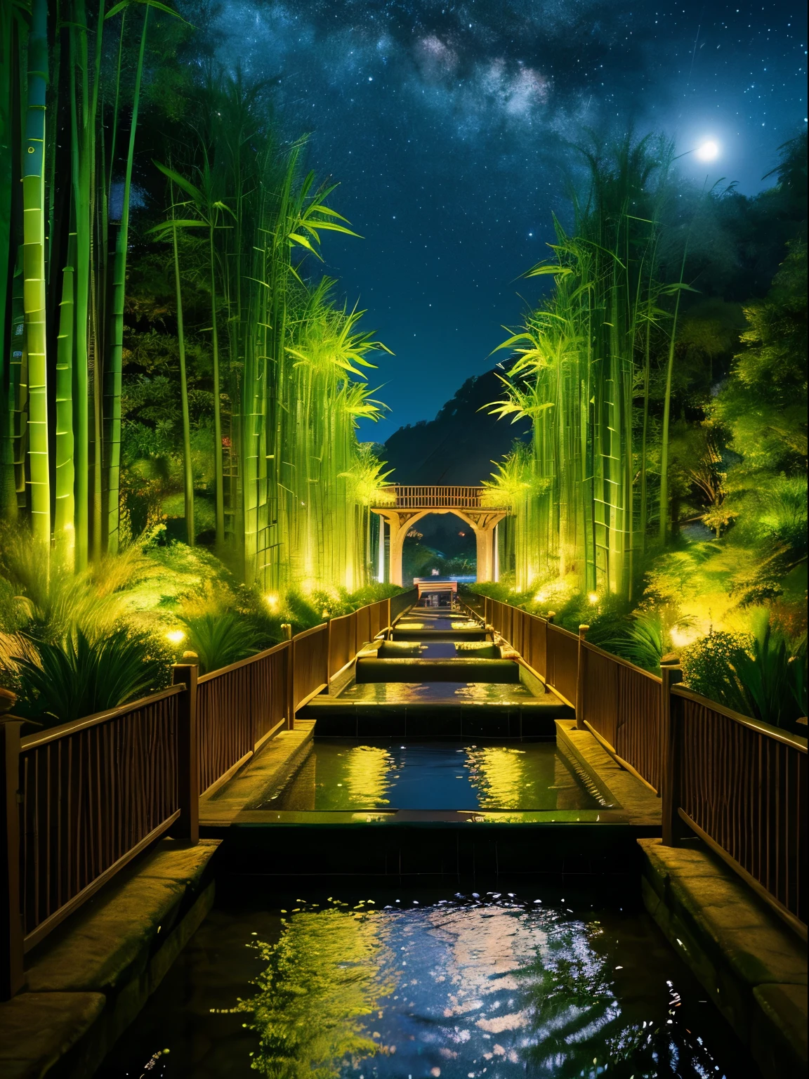 fantasy jungle, bamboo tree fantasy, long bamboo tree, realistic, consumption environment, artificial intelligence, Artificial water source, Build a bridge between two different locations surrounded by bamboo forest, night view, 8K highest quality, AMD fidelityFX Super Resolution 3, Rendered by Nvidia RTX DLSS 3.5