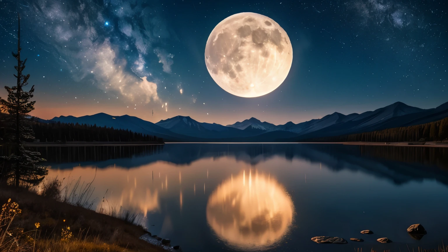 bonfire　full moon　shooting star　lake