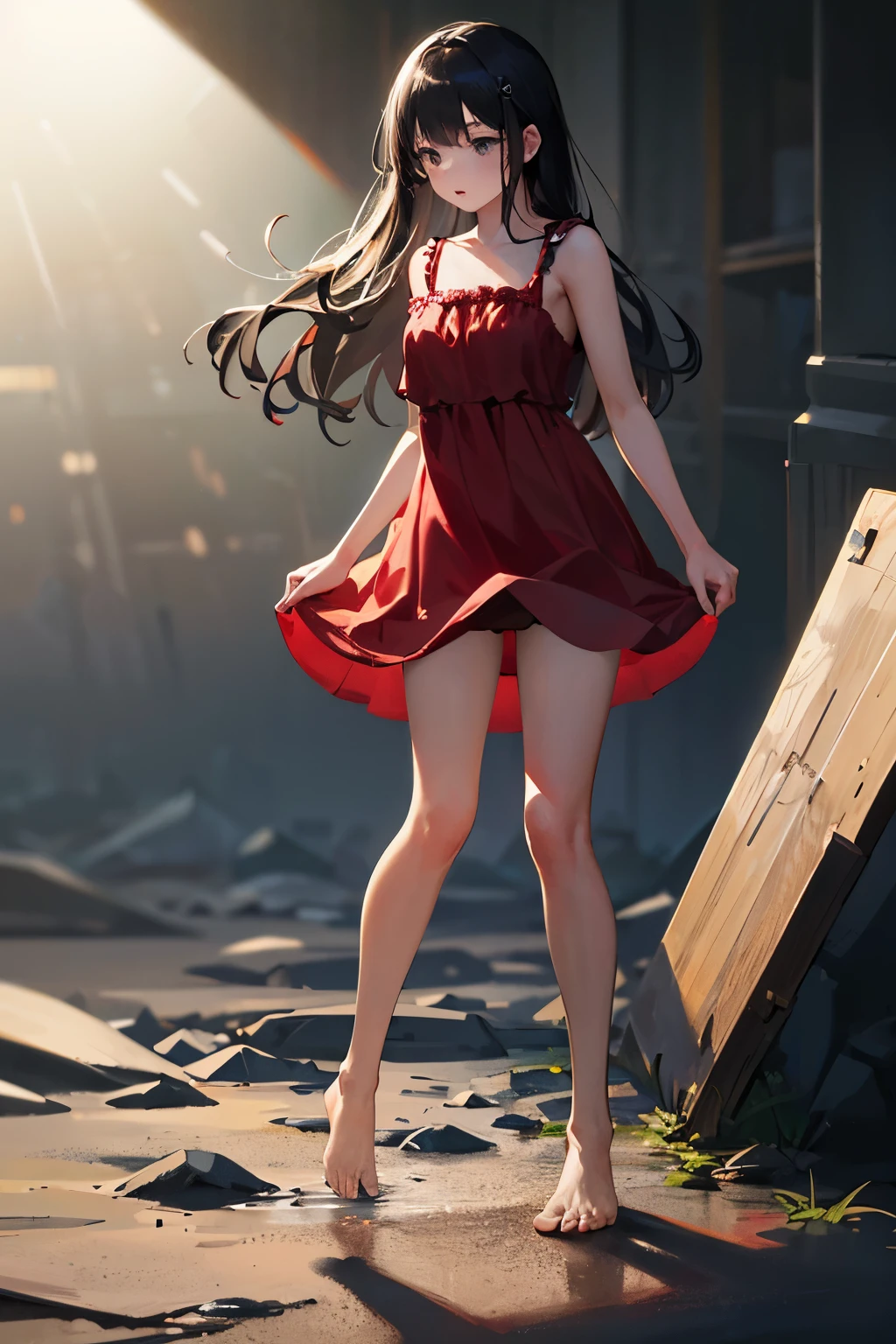 Girl standing on the moon, wet red dress, long black hair, bare feet, soft sunlight, Earth floating in the background, blurred background, masterpiece, high resolution,