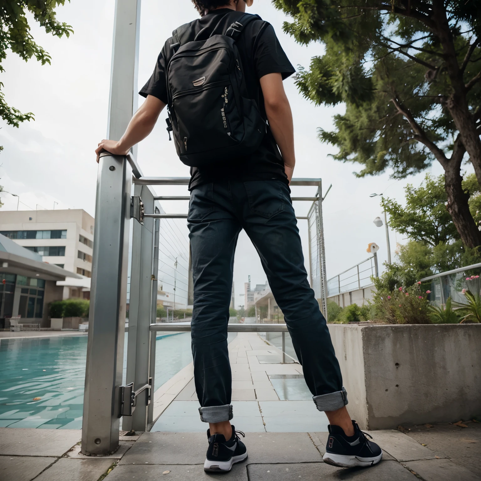 A back side image of A boy climbing railing with stylish bagpack