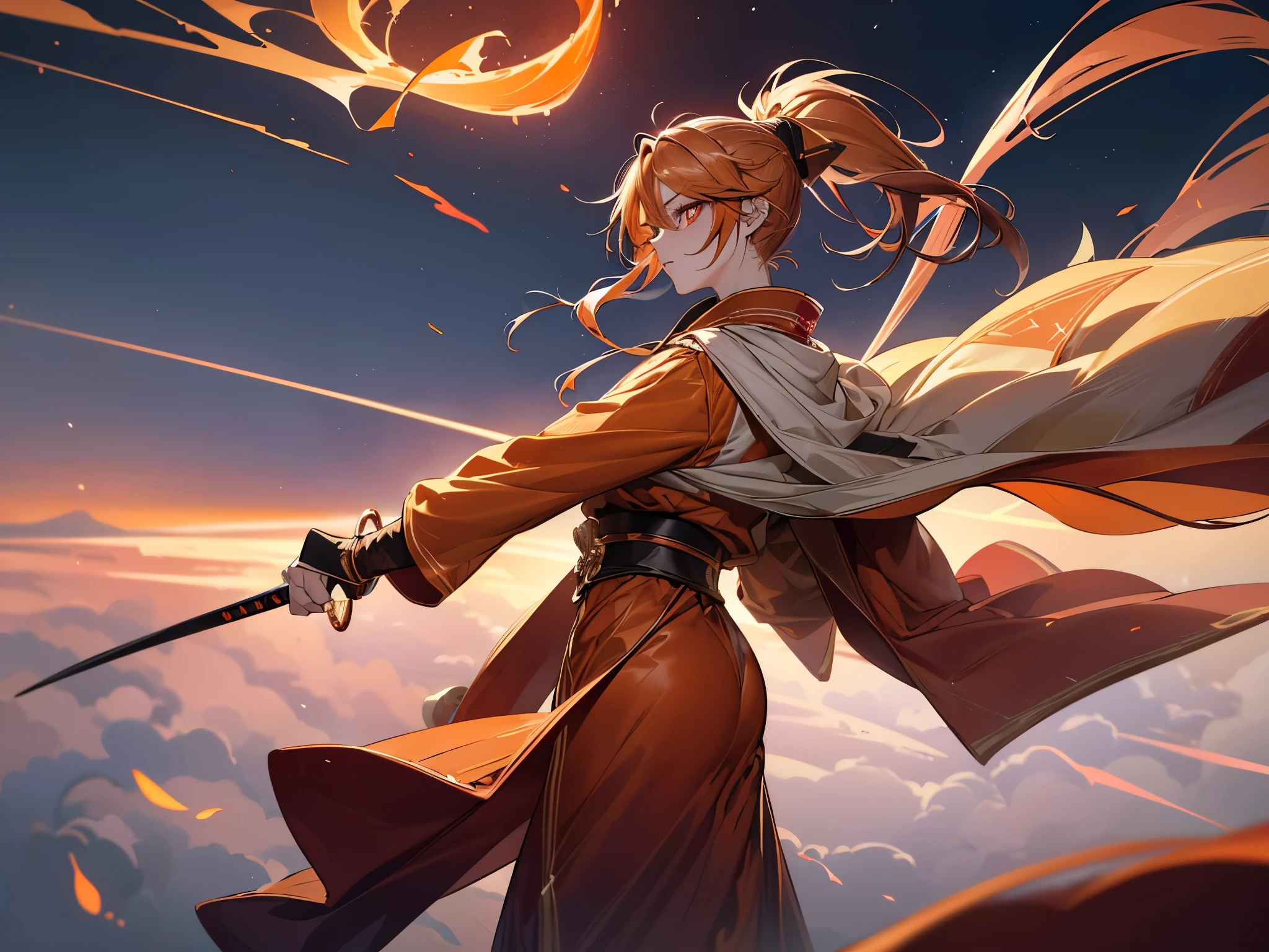 a 16 years old girl, (blonde hair gradient orange hair end:1.4), (streaked bright red hair:1.6), split long ponytail, hair strand, floating hair, (two huge red bells tied to ponytail), (Illusion red eyes), pupils sparkling, aqua eyes, ((glowing eyes)), like real eyes, orange red eyebrows, red lips, red crystal earrings, red envelope jacket, Red nails, (Red katana), (((floating flame on katana))), (absurdly super huge flame burning ring stand upright floating on the back:1.5), (((Floating in the sky of the city))), (((Floating on the clouds))), Random pose, magic circle halo, Colored grain swirl around the body, burning flame around the body, Focus on face, Futurism, anime, sparkle, ray tracing, reflection light, god rays, backlighting, (glowing light), Ultra-Wide Angle, chiaroscuro, UHD, masterpiece, super detail, best quality, highres, ccurate, retina