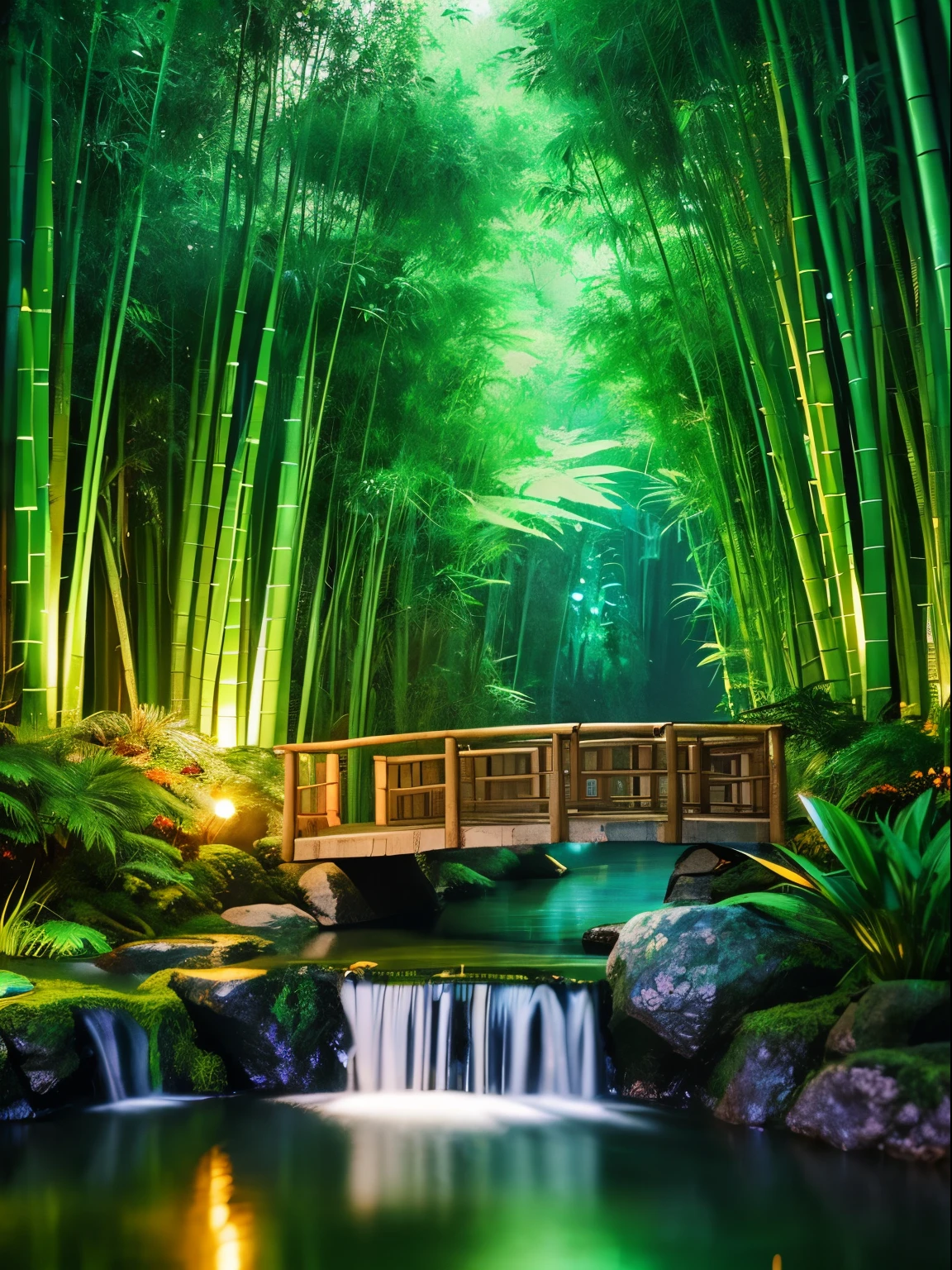fantasy jungle, bamboo tree fantasy, long bamboo tree, realistic, consumption environment, artificial intelligence, Artificial water source, Build a bridge between two different locations surrounded by bamboo forest, night view, 8K highest quality, AMD fidelityFX Super Resolution 3, Rendered by Nvidia RTX DLSS 3.5