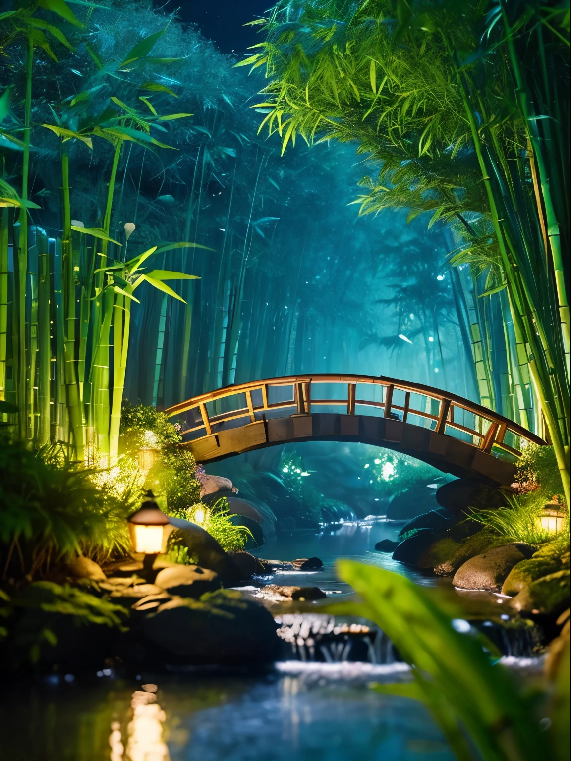 fantasy jungle, bamboo tree fantasy, long bamboo tree, realistic, consumption environment, artificial intelligence, Artificial water source, Build a bridge between two different locations surrounded by bamboo forest, night view, 8K highest quality, AMD fidelityFX Super Resolution 3, Rendered by Nvidia RTX DLSS 3.5