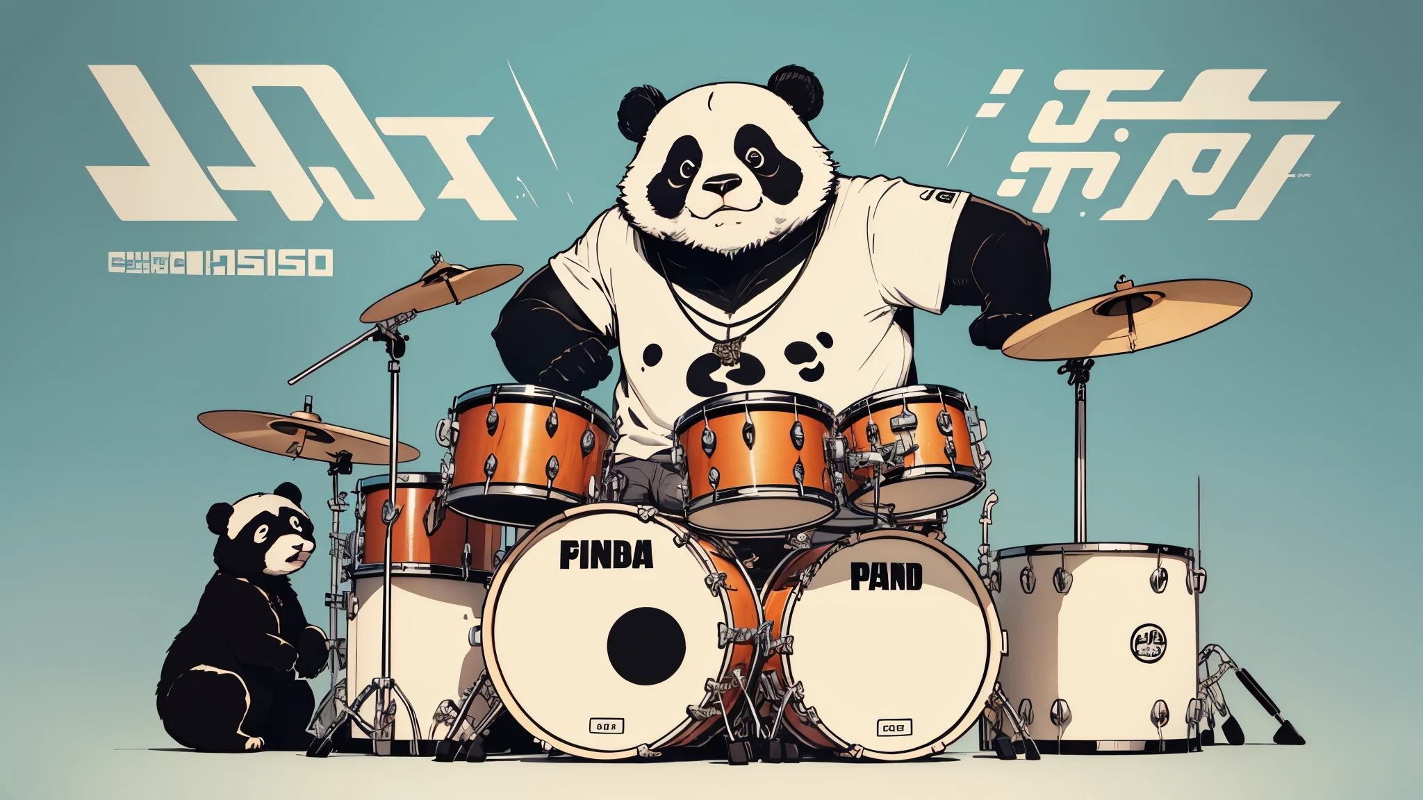 lineup, character char(masterpiece, best quality)cute giant panda（panda）正在敲drum set[modern percussion instruments：drum set（Five-drum system）]；Wearing an oversized T-shirt（There are Chinese elements），With a big gold chain tag，sunglasses，reference：kungfu Panda。Notice：occlusion。blue background。Background rendering atmosphere，Color coordination；Explosive effect，Cool。Rich in details。Poster cover，illustration style，comic style，American comics，print style，Stroke，line drawing，thick lines。Ultra-clear，8K，Top quality output。